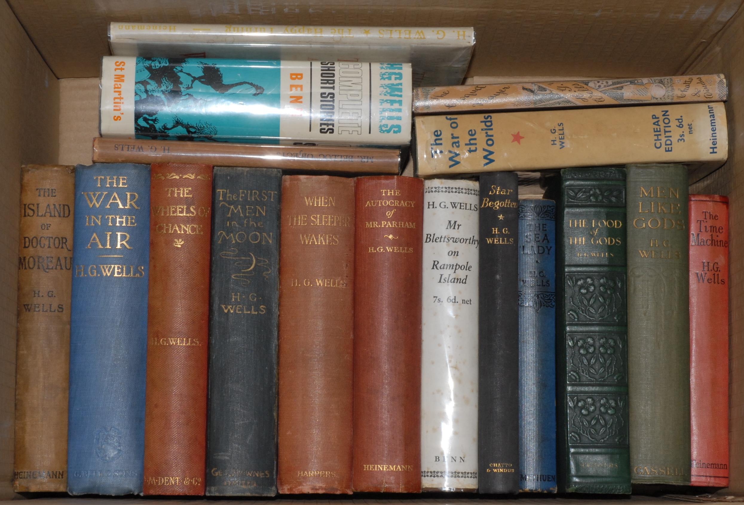Wells (H.G.): The Island of Dr Moreau, first British edition, first issue binding, London: William Heinemann, 1896, repaired original publisher’s cloth, 8vo, (1); When The Sleeper Wakes: A Story of the Years to Come, first edition, first issue, London and New York: Harper & Brothers Publishers, 1899, original publisher’s cloth (chipped, some neat repairs, 8vo, (1); Symington (J. Ayton), The Wheels of Chance: A Holiday Adventure, first edition, London: J.M. Dent and Co., 1896, original publisher’s red cloth gilt, 8vo, (1); The First Men in the Moon, first edition, second state binding, London: George Newnes, Limited, 1901, well-repaired original publisher’s cloth, 8vo, (1); The War of the Worlds, Cheap Edition, London: William Heinemann Ltd, 1930, original pictorial dustjacket by Graham Simmons, green cloth, 8vo, (1); The War in the Air, 1908, publisher’s cloth, cover with inset pictorial, 8vo, (1); others, including later first editions, popular/cheap editions, etc., [17]