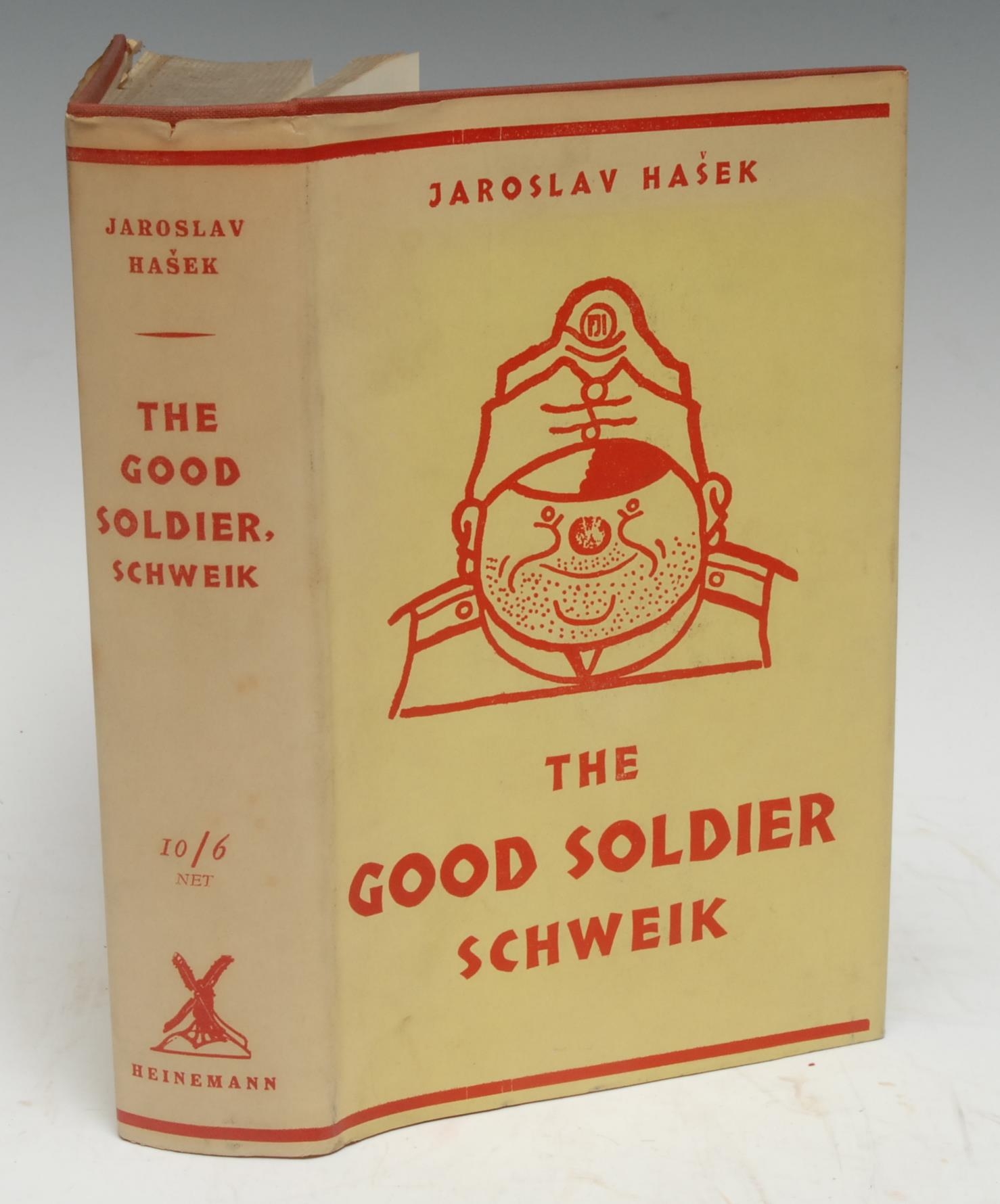 Czech Dark Comedy & Satire - Hašek (Jaroslav), Selver (Paul, translator), & Lada (Joseph, illustrator), The Good Soldier Schweik, first English edition, London: William Heinemann Ltd, 1930, in-text illustrations, original pictorial dustjacket over red cloth gilt, 8vo, [1]   Provenance: the Chandos-Pole family, removed from the Library of Radbourne Hall, Derbyshire.