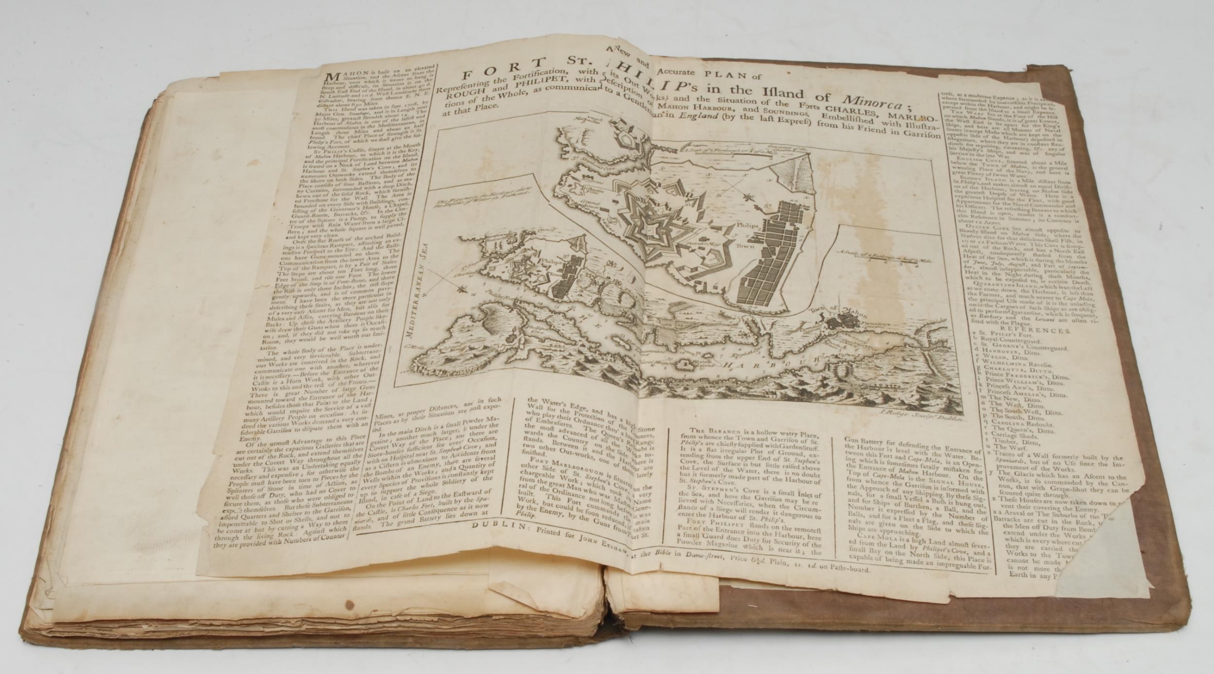 D'Anville [(Jean-Baptiste Bourguignon)], an atlas of 18 engraved maps of ancient history and city states (of which 7 are folding), principally monochrome but some with hand-coloured delineation, dated between 1738-1740 within the plate's cartouche, but almost certainly from the 'Atlas Contenant Vingt-Sept Cartes Geographiques, pour Servir a l`Histoire Ancienne et Romaine', [Paris, ?1801], the cartographic sammelband extra-illustrated with a further 6 maps and 3 engravings, including Baur [(Friedrich Wilhelm)], A Correct Plan of the City of Winchester/the adjacent Parts with the Hessian Camp [...], London: Printed and Sold at Will:m Haskolls [...], 1756; A New and Accurate Plan of Fort St. Philip's in the Island of Minorca, Dublin: Printed for John Exshaw, [n.d., c. 1755]; 17th century and later etched French domestic islands, Bennett's Germany [n.d., c. 1760]; etc., early 19th century cloth over marbled boards, tacked-over with cloth, crown folio (33.5cm x 24cm), [1]