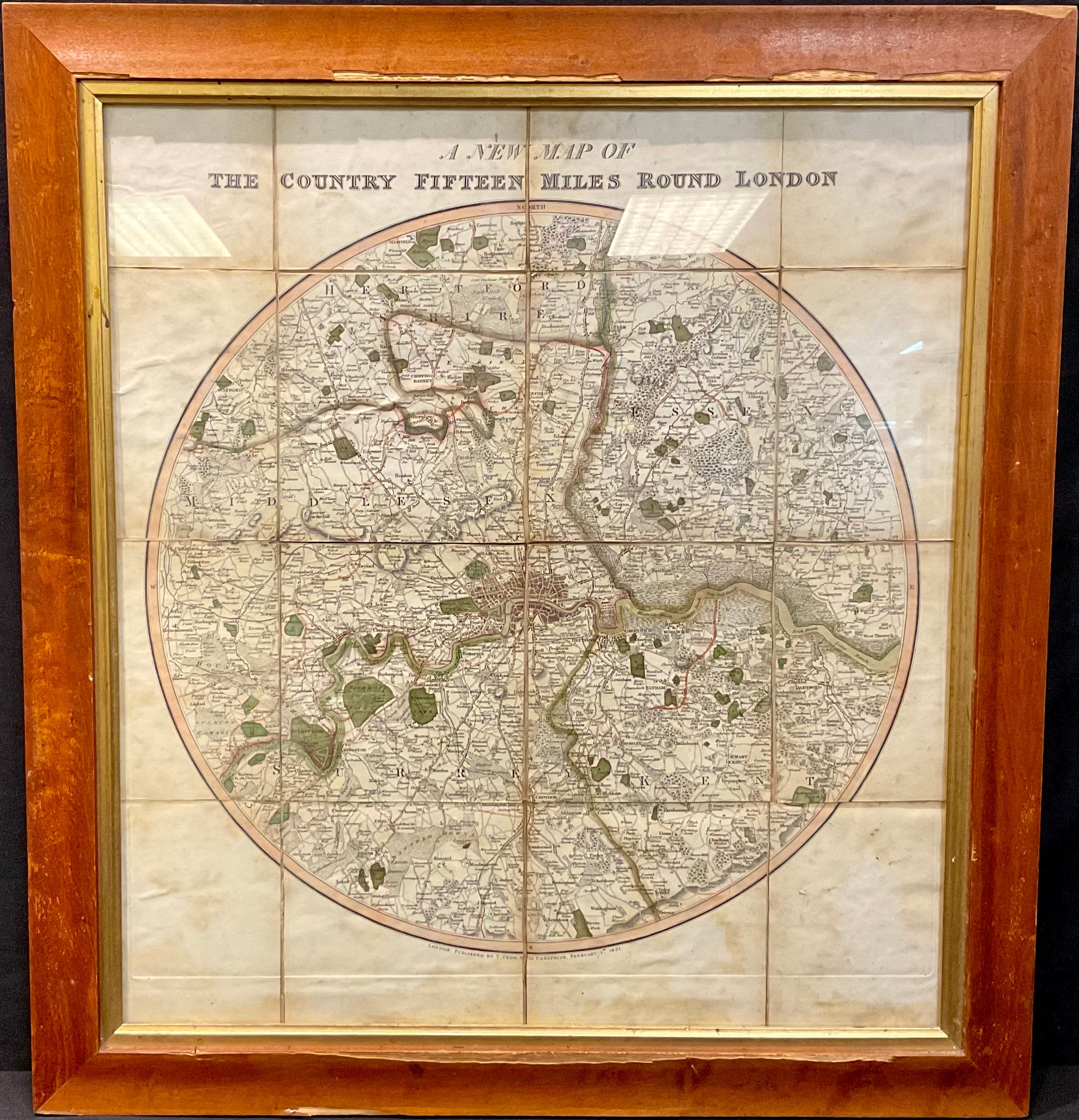 London - A New Map of The Country Fifteen Miles Round London, published by T Tegg, No. 111 Cheapside, February 1st 1821, sixteen-fold map, engraving on paper and laid on linen, hand coloured, 52cm x 47cm, framed