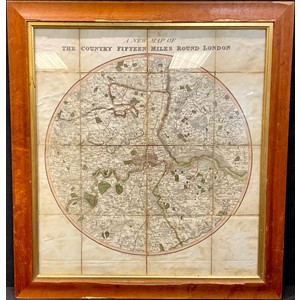 London - A New Map of The Country Fifteen Miles Round London, published by T Tegg, No. 111 Cheapside, February 1st 1821, sixteen-fold map, engraving on paper and laid on linen, hand coloured, 52cm x 47cm, framed