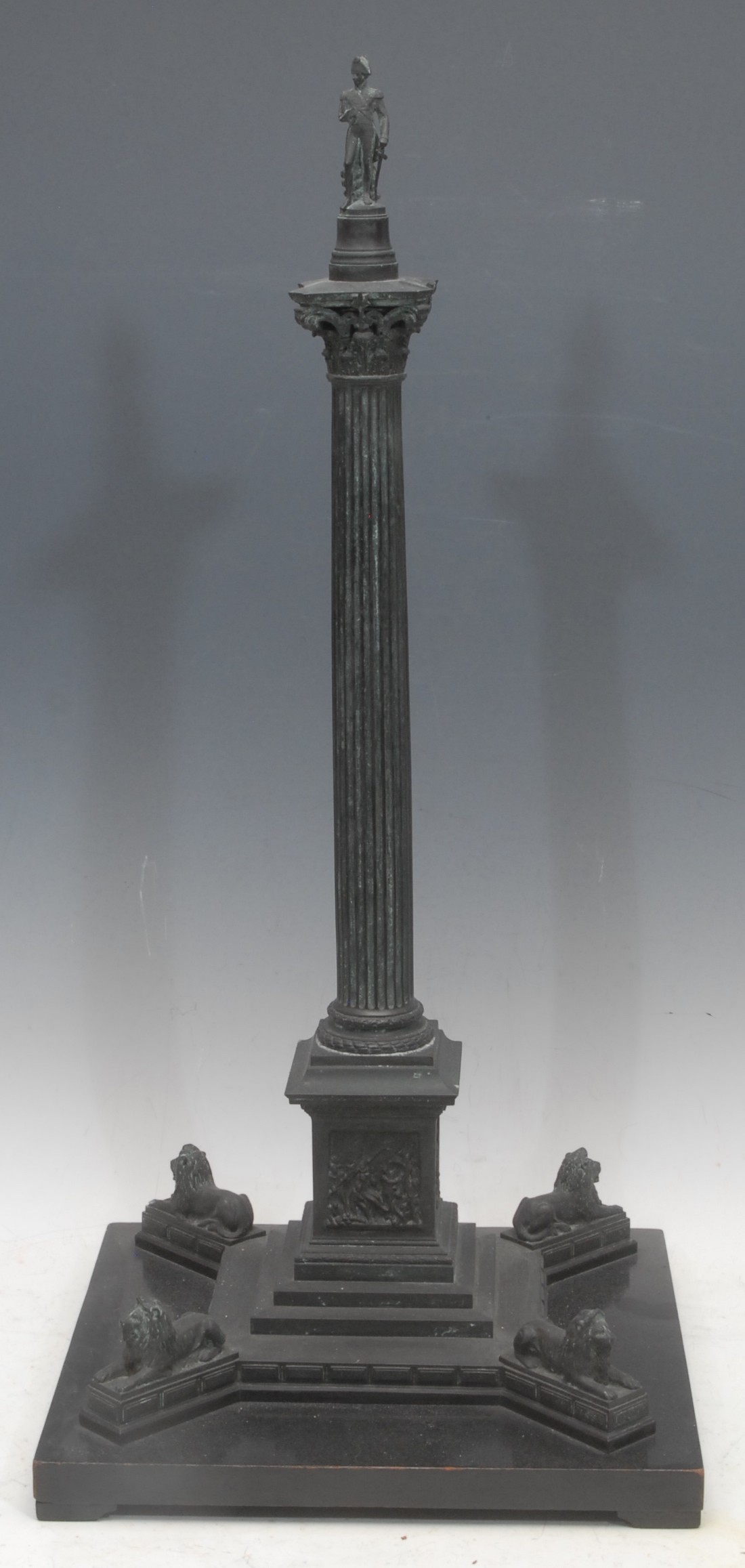 An Art Union of London cast spelter model of Nelson's Column, painted square wooden base, 67cm, impressed mark, dated 1868