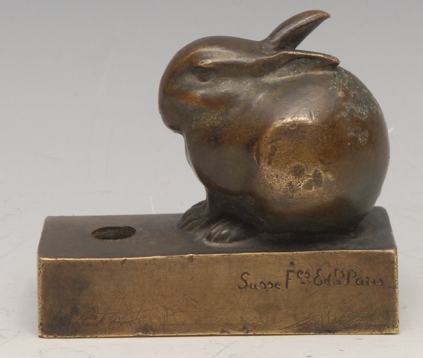 Édouard-Marcel Sandoz (1881 - 1971), a brown patinated bronze novelty animalier bell push, cast as a rabbit, signed in the maquette, rectangular base, Susse Freres foundry  signature, 8cm long