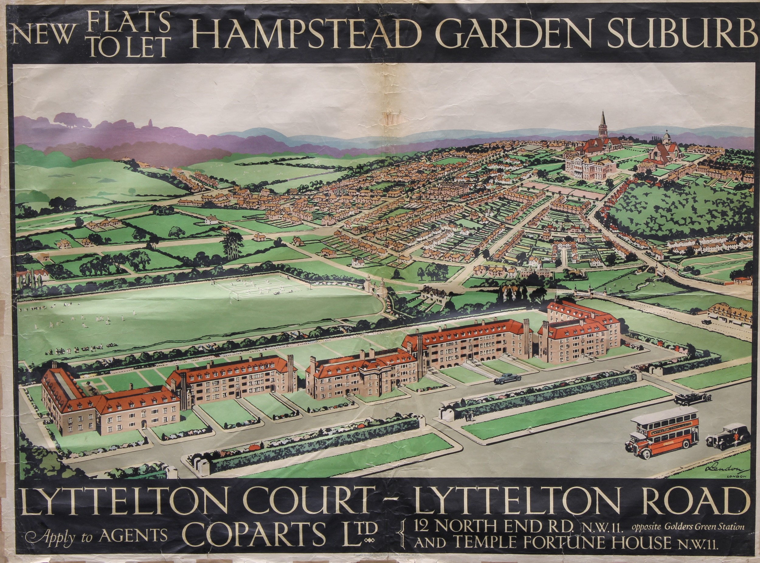 Advertising - an Art Deco period poster, New Flats To Let, Hampstead Garden Suberb, London, 75cm x 103cm