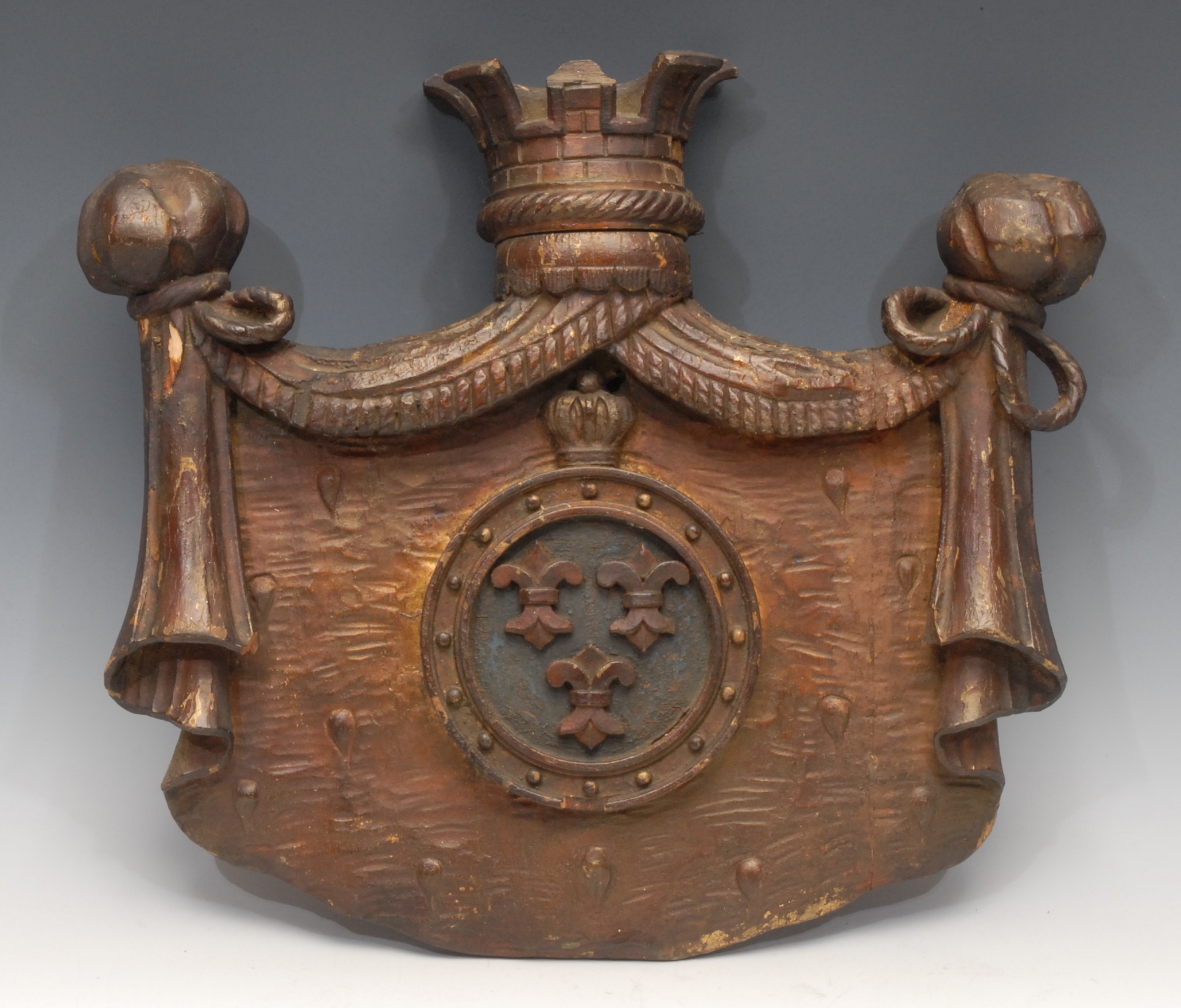 Interior Decoration - an 18th century style softwood armorial panel, carved with a French coat of arms, 43cm wide