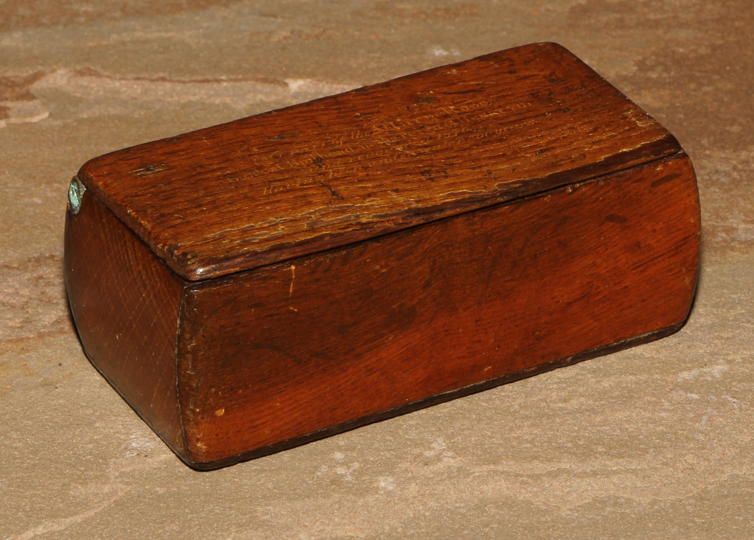 The Tudor Navy - an early Victorian salvaged maritime timber rectangular snuff box, hinged cover inscribed in gilt Part of the Mary Rose, Sunk at Spithead in the Reign of Henry VIII and Recovered 1840 Having Been Under Water 300 Years, 9cm wide, c.1840