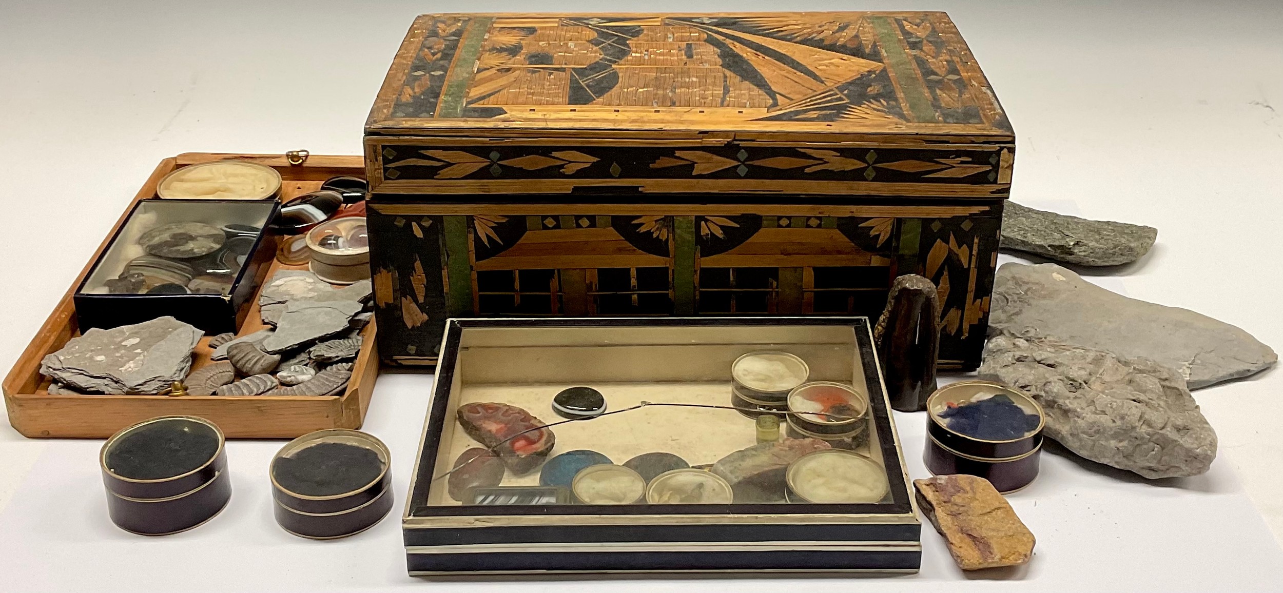 The Cabinet of Curiosities - an interesting collection of natural history, lapidary and glyptic specimens, including agate spheres and panels, intaglios, fossils, and other curiosities, the straw work box in the manner of prisoner of war work and decorated with a ship, 33.5cm wide, 19th century