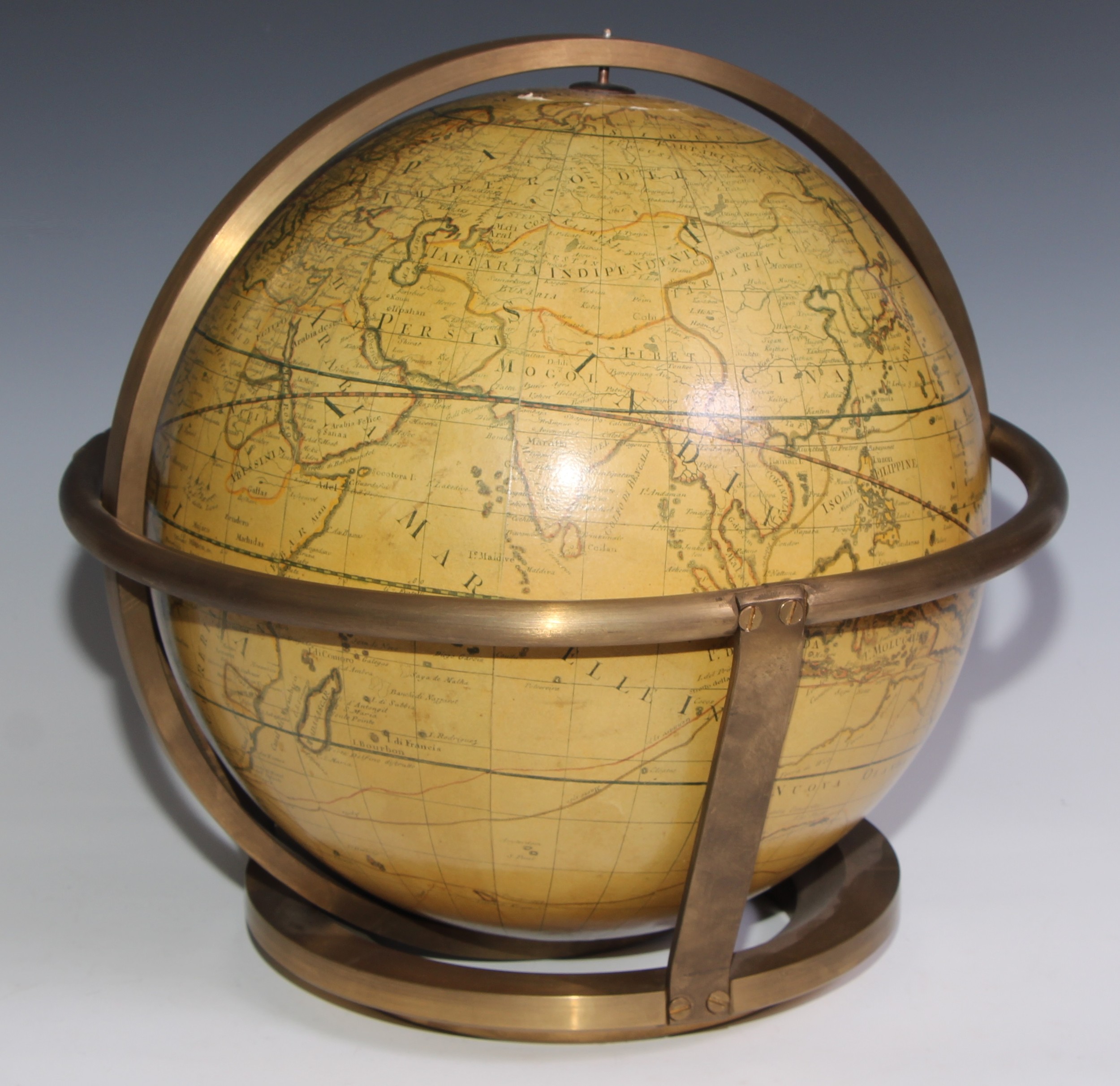 A brass terrestrial globe, after gores by Giovanni Domenico Cassini published Rome 1790, 40cm diam