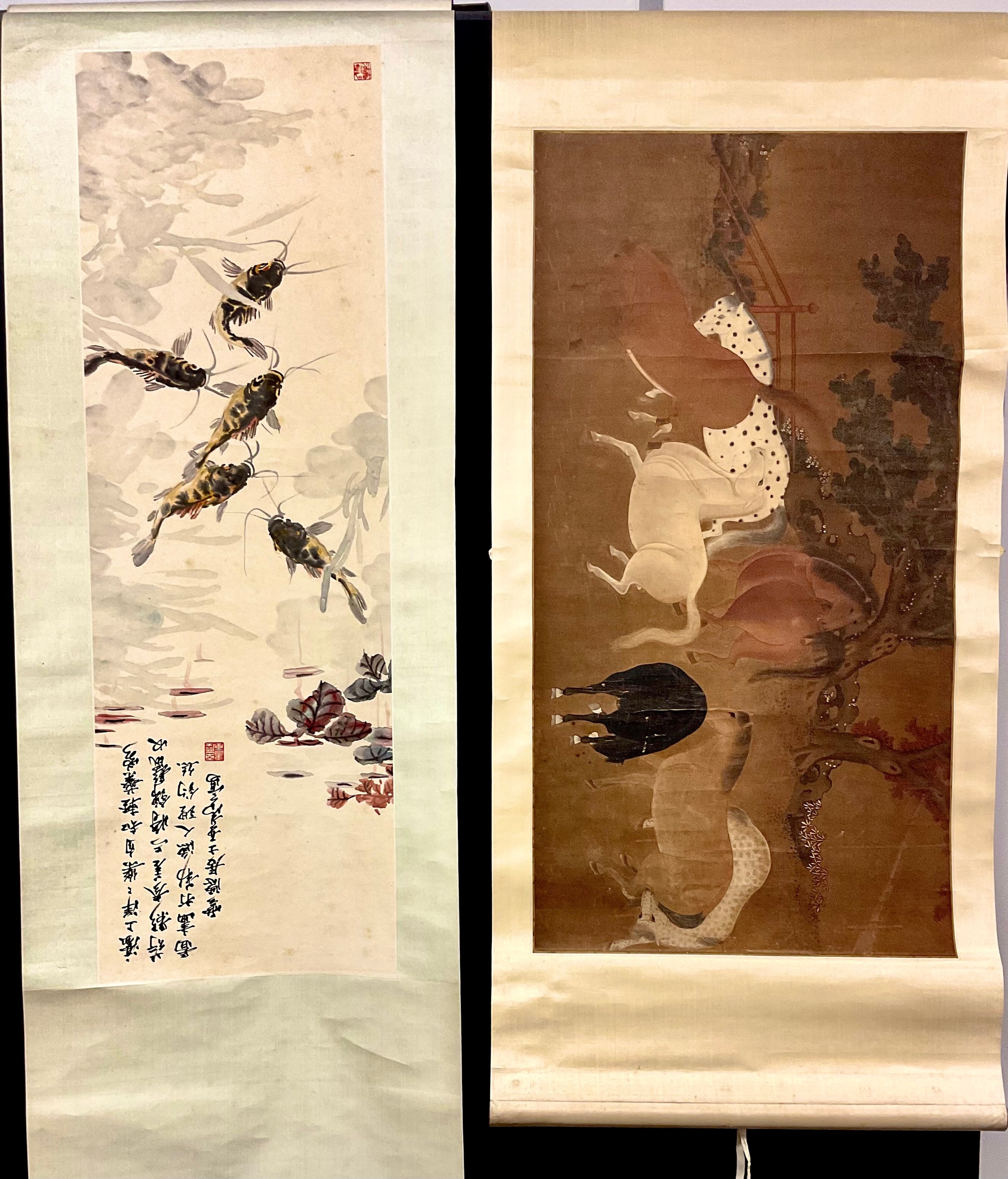 Chinese School (20th century), scroll, Horses,  inscribed with script, red seal marks, 46cm x 90cm;  another, Carp, 104cm x 34.5cm (2)