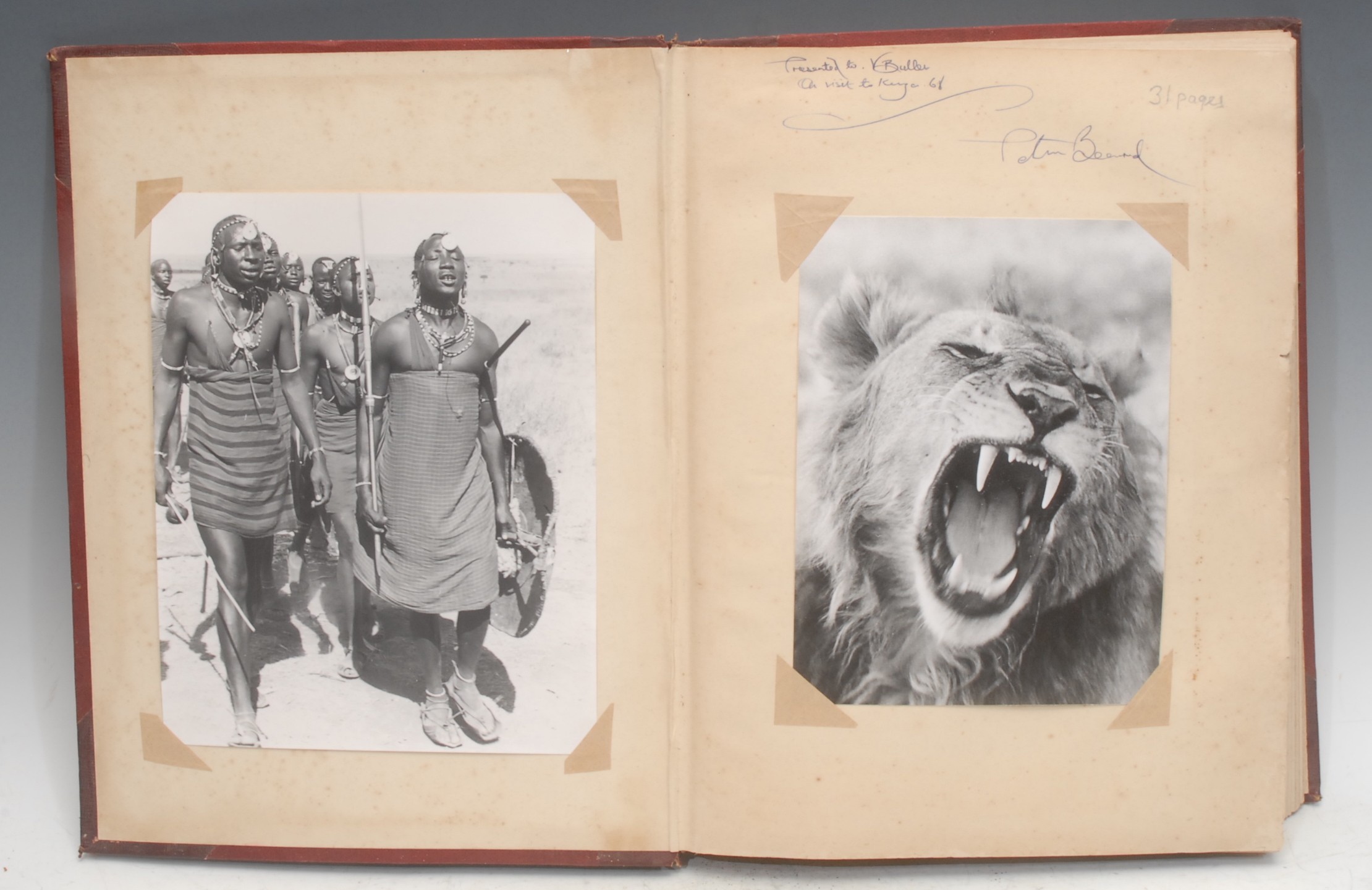 Photography - Peter Beard (American 1938 - 2020) - a presentation  album of published photographs, depicting African wildlife, Maasai tribal portraits and Kenyan landscape, the first page autograph signed in ink MS and inscribed 'Presented to V Buller on a Visit to Kenya, 68', red cloth boards, half-bound red morocco