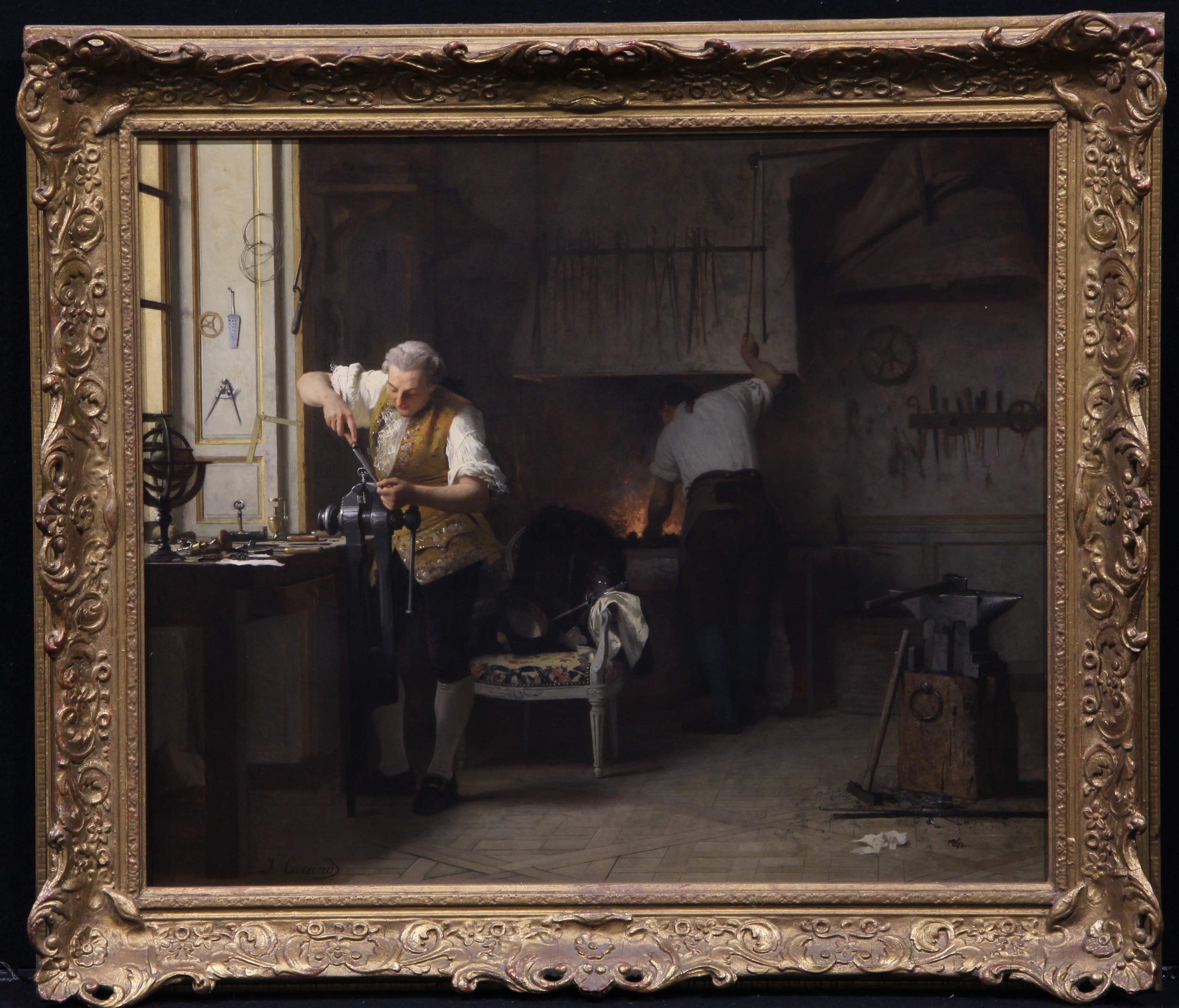 Joseph Caraud (1821-1905) King Louis XVI in the Locksmith’s Workshop, signed, oil on panel, 58cm x 69.5cm  From childhood Louis XVI was fascinated in the work of the locksmith, and had Francois Gamain teach him the art.
