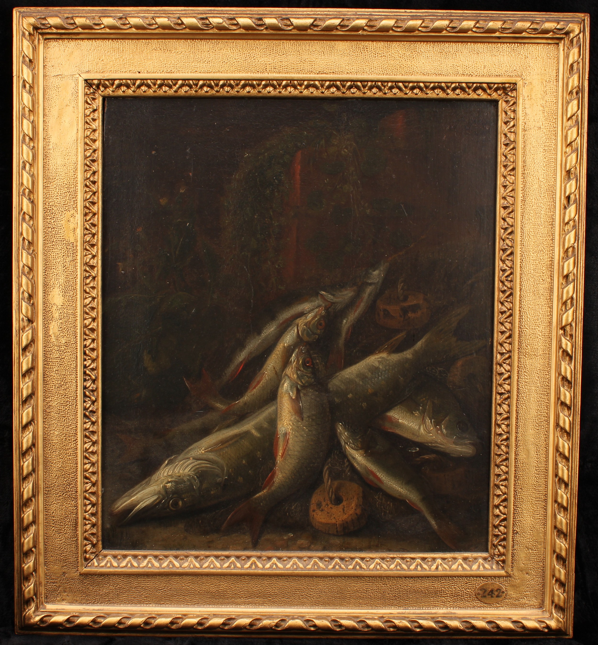 Paolo Antonio Barbieri (1603-1649) Still life, The Days Creel, coarse fish on the bank, Pike, Perch and Rudd, oil on panel, 37.5cm x 32.5cm, framed with country house collection number '242'