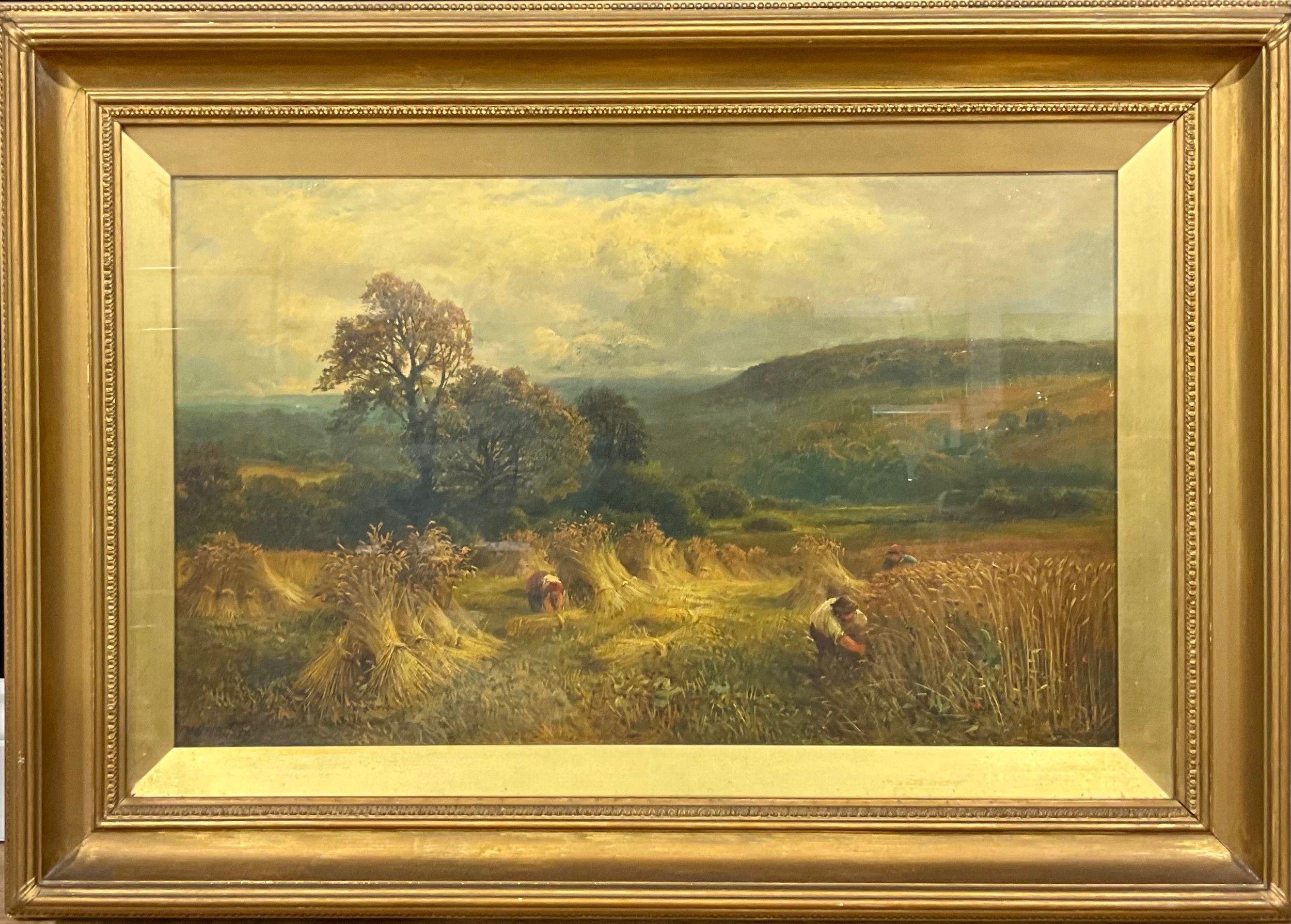 George Turner (1841-1910)  Harvesting  signed, title inscription to verso, oil on canvas, 40cm x 64cm