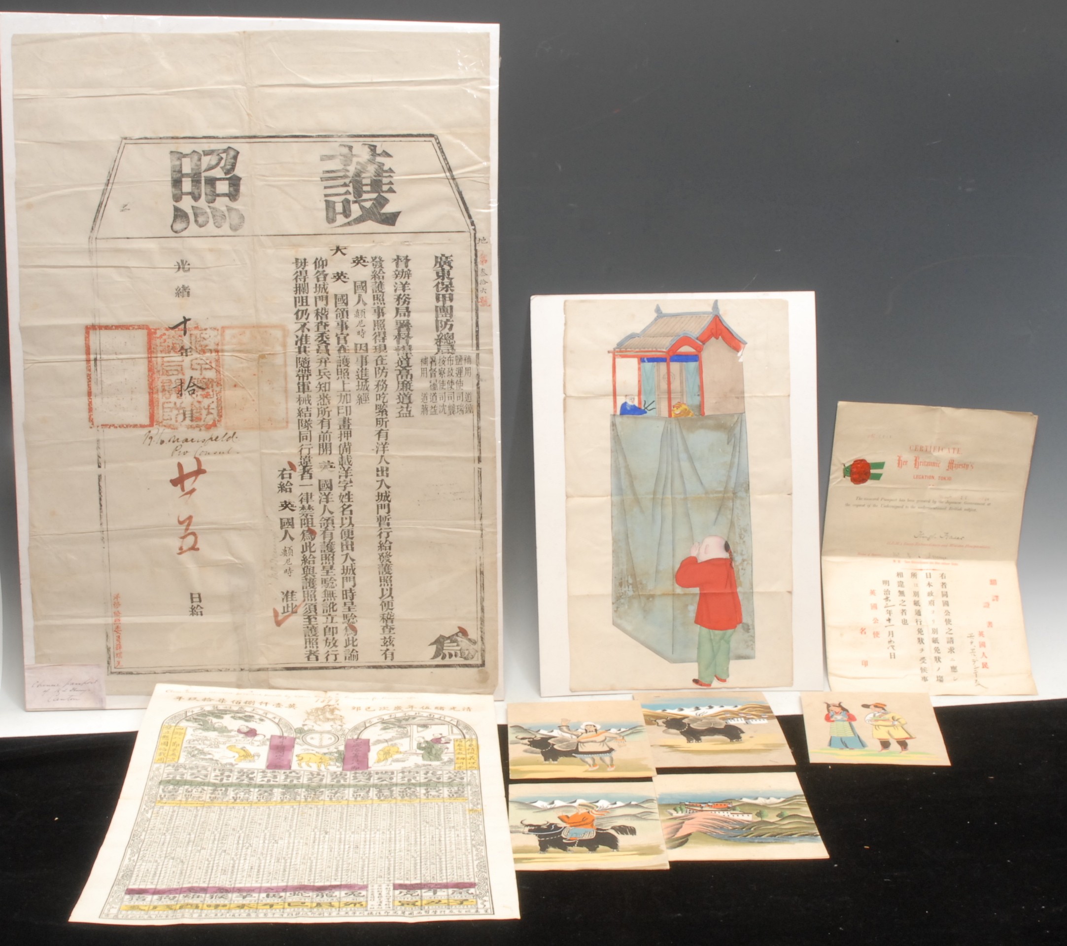 East Asian Art and Documents - a folio of 19th century and later prints, including an almanac, Cantonese passport, Japanese passport, North Indian greeting cards, etc (qty)
