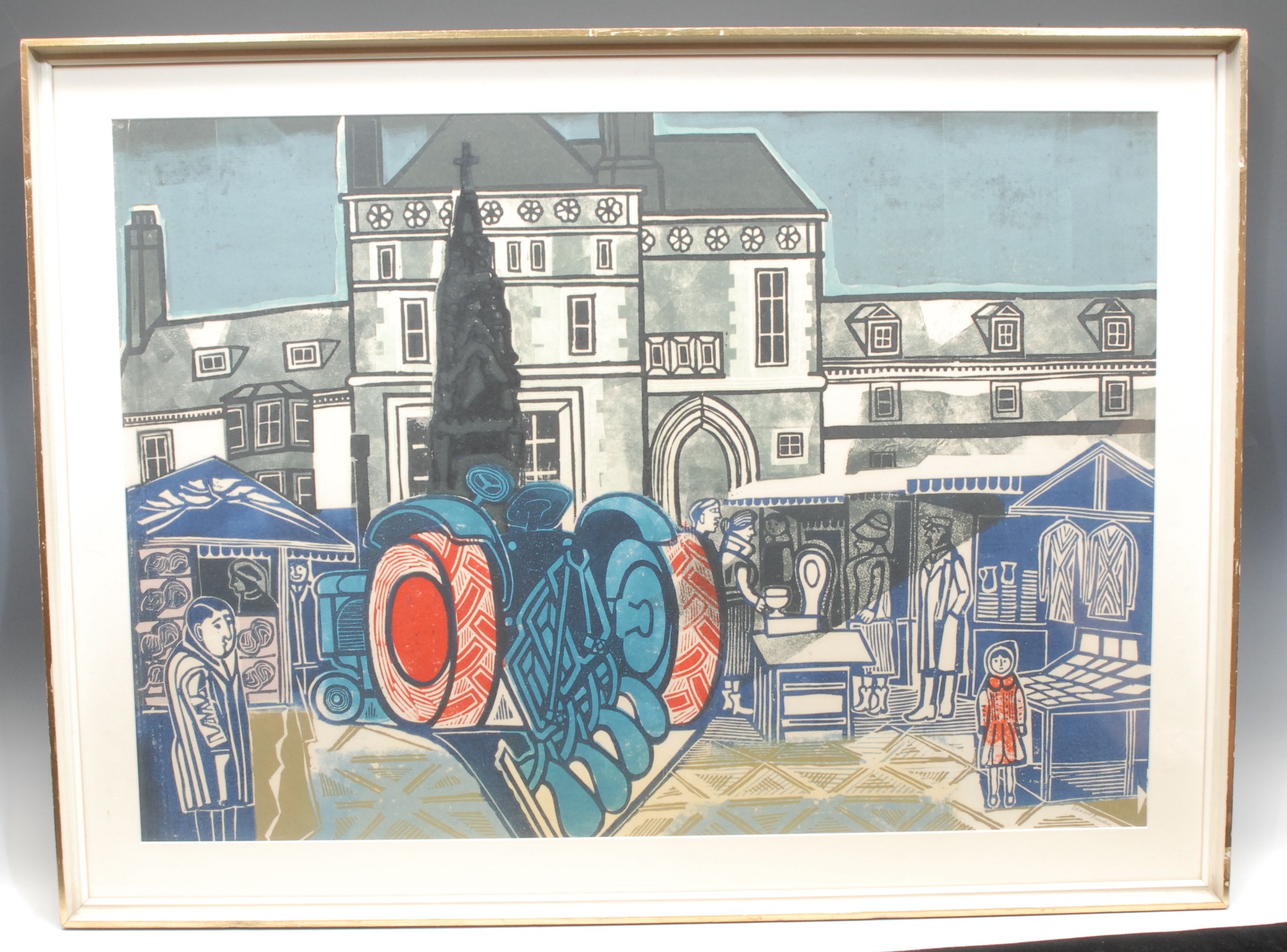 Edward Bawden (1903-1989)  The Blue Tractor  signed, linocut, 64cm x 88cm