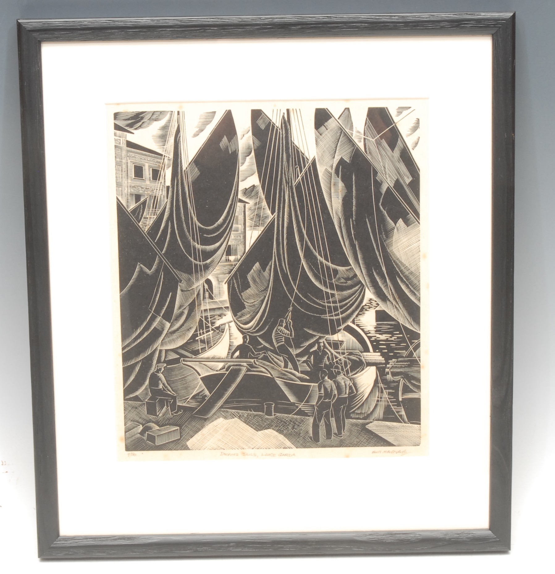 Iain McNab (Bn.1944), Drying Sails, Lake Garda,   wood engraving, signed, titled and numbered 7/50 in pencil, 23cm x 20cm