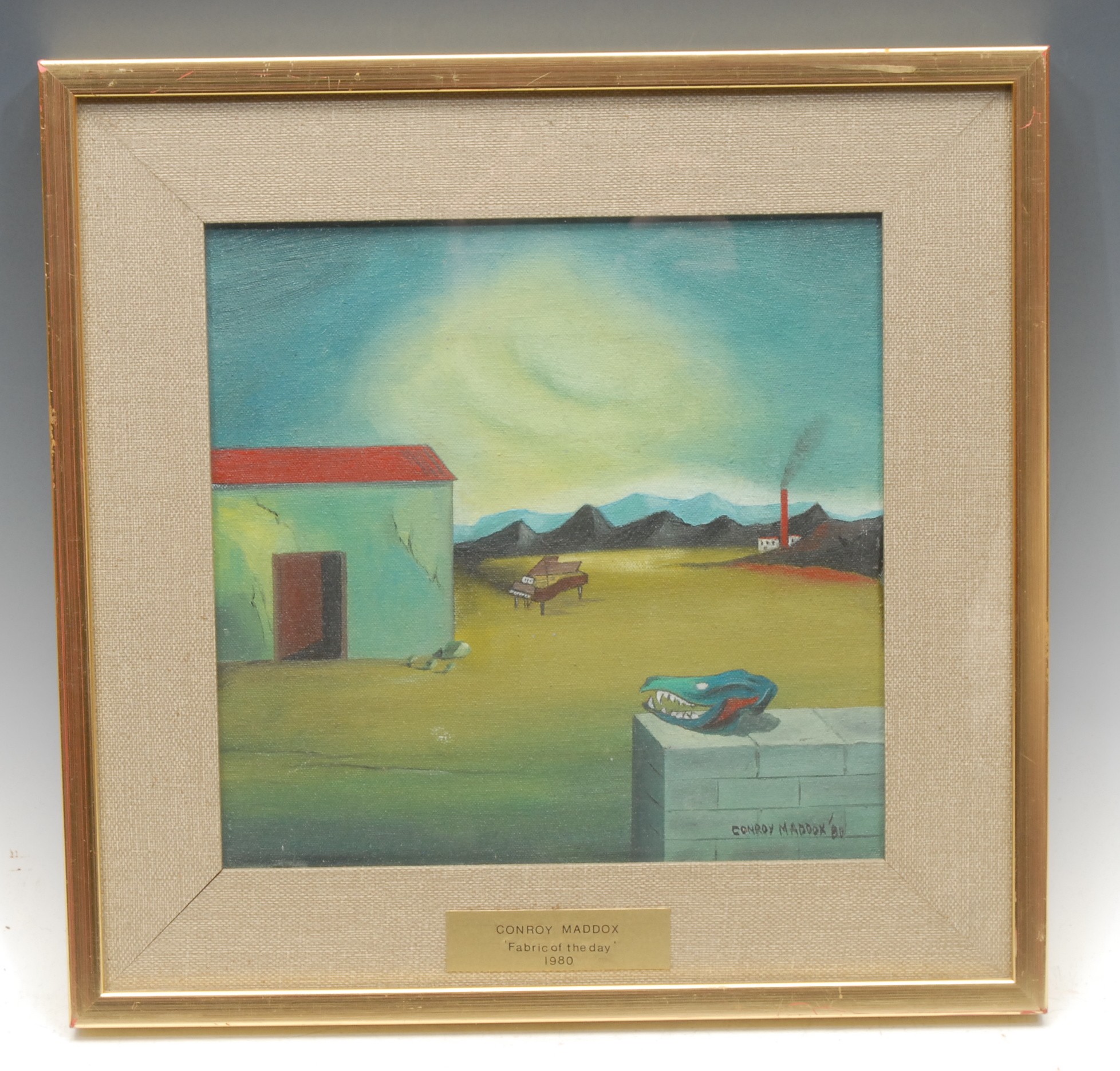 Conroy Maddox (1912-2005)  Fabric of the Day  signed, dated 1980, oil on board, 24cm x 24cm