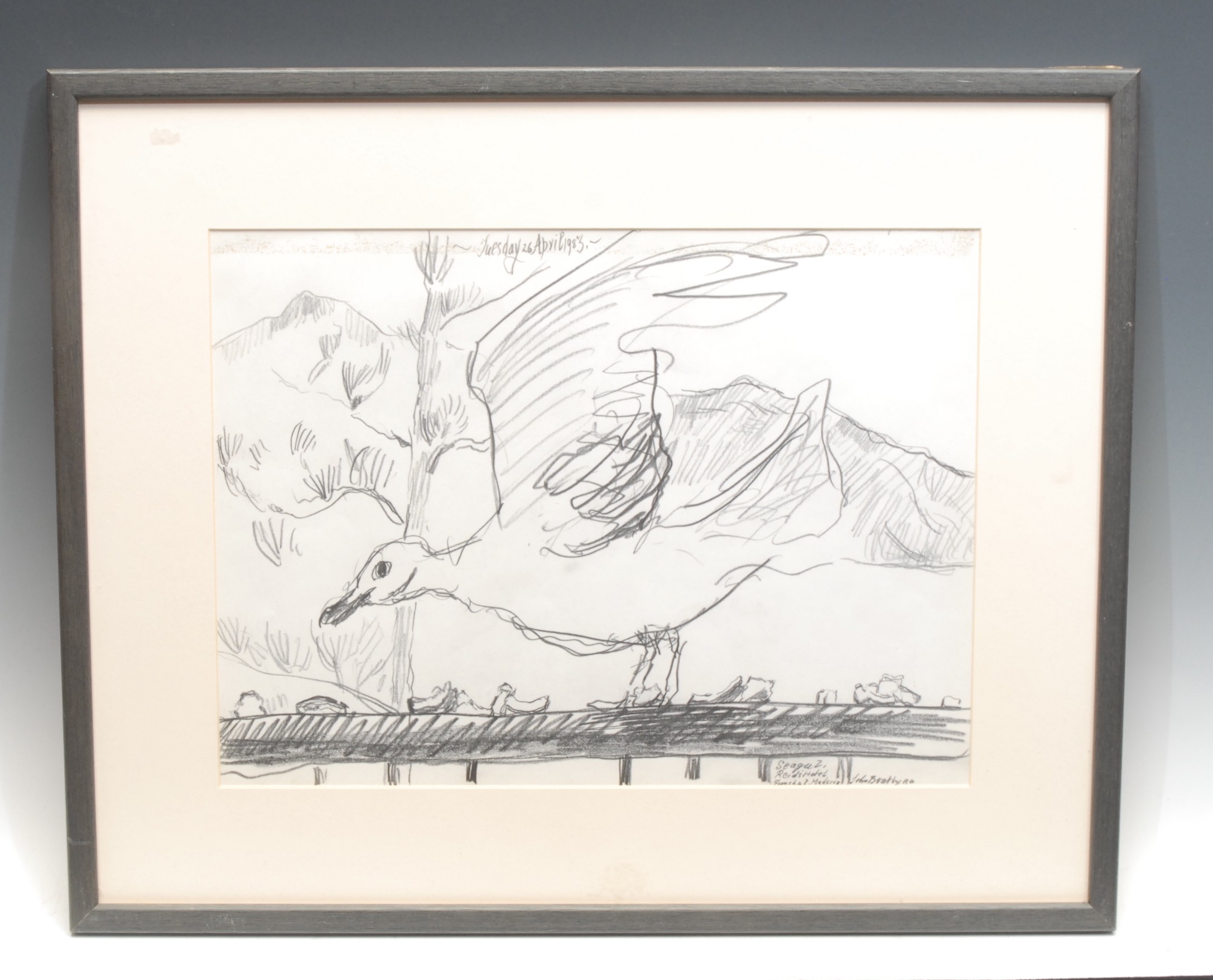 John Bratby (1928-1992)  Seagull, Reid's Hotel  signed, titled, dated 1983, pencil sketch, 25cm x 34cm