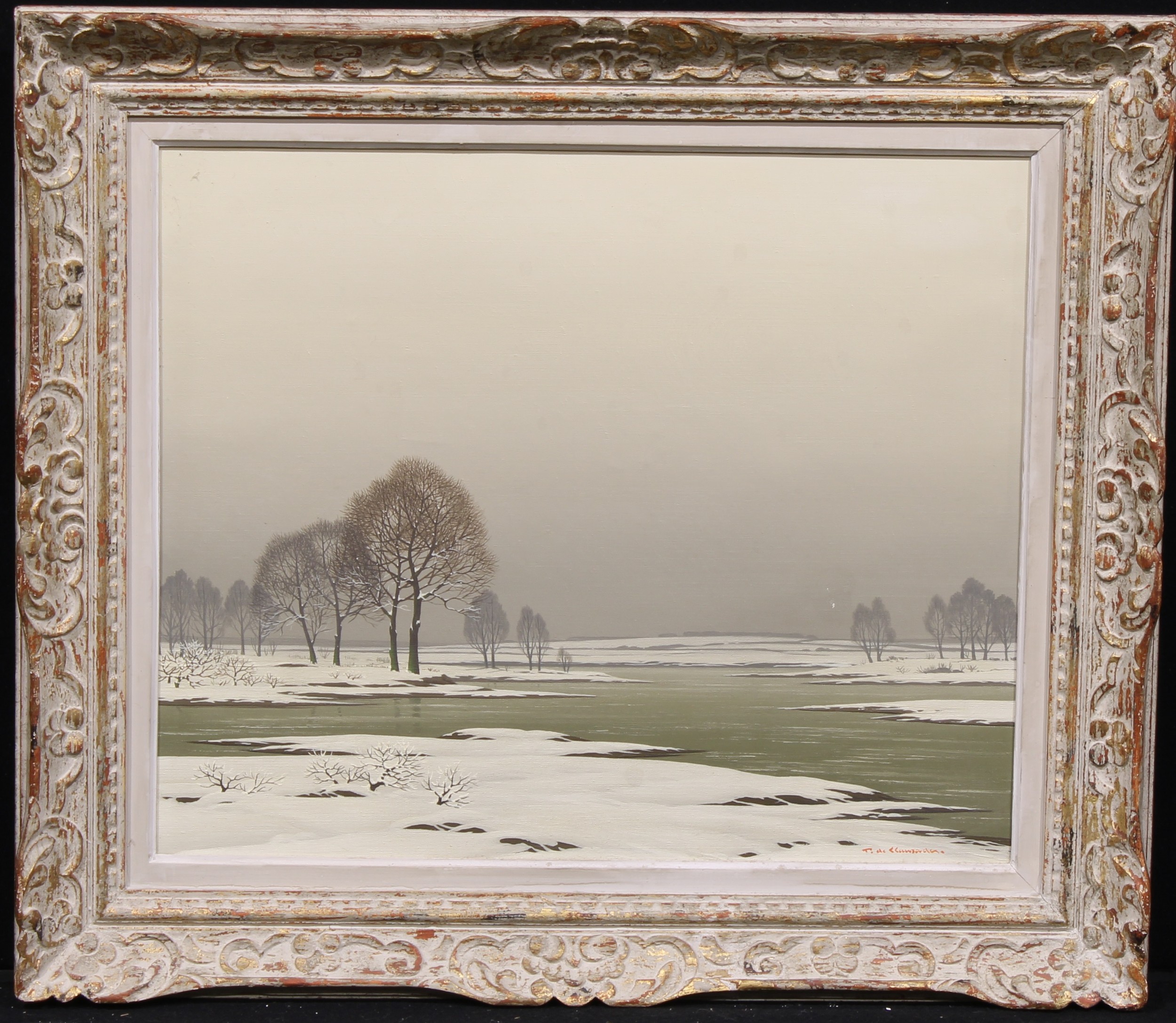 Pierre De Clausade (French, 1910 - 1976) Le Marais Dans La Neige signed, dated '56 to verso with auction label, oil on canvas, 53cm x 63cm  Lot 351, Christies South Kensington, 21st July 1988