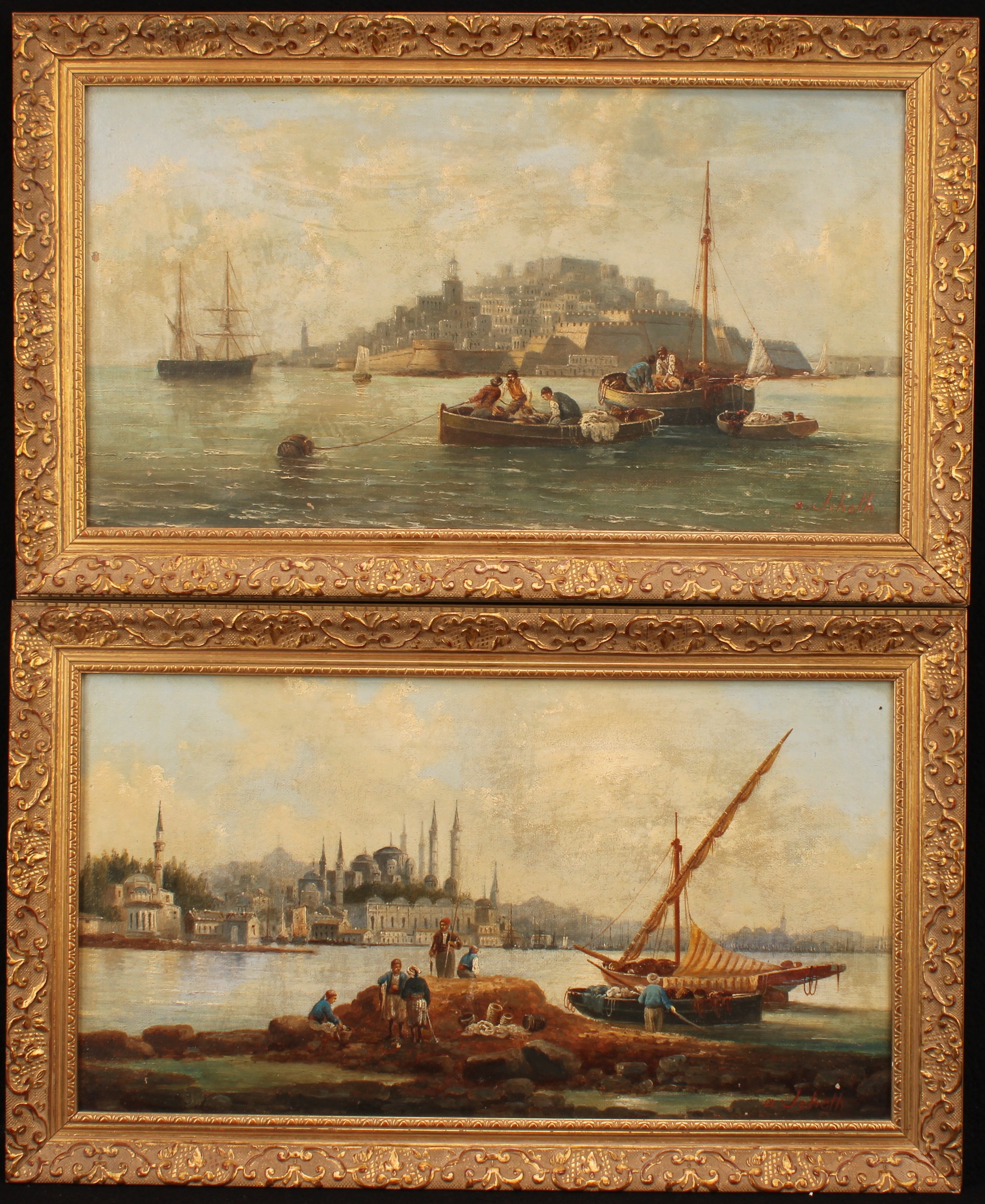 Anton Schoth (German 1859-1906) A Pair, Santa Sophia and Valetta  signed, oils on board, 24cm x 44cm