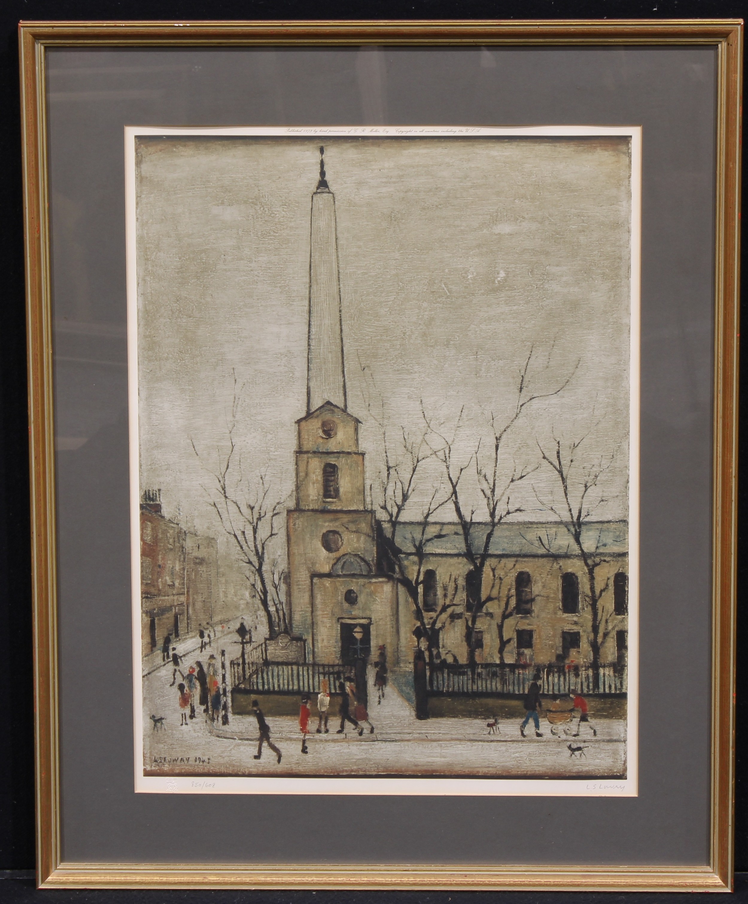 L S Lowry (1887 - 1976), after, St Luke's Church, a signed limited edition print, 608/850, published by G R Mellor Esq. blind stamped, signed in pencil to margin, 60cm x 46cm