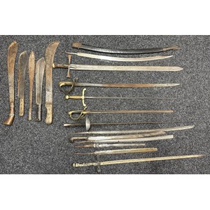 Collection of “Barn found” edged weapons, including a Sudanese Kaskara, etc.
