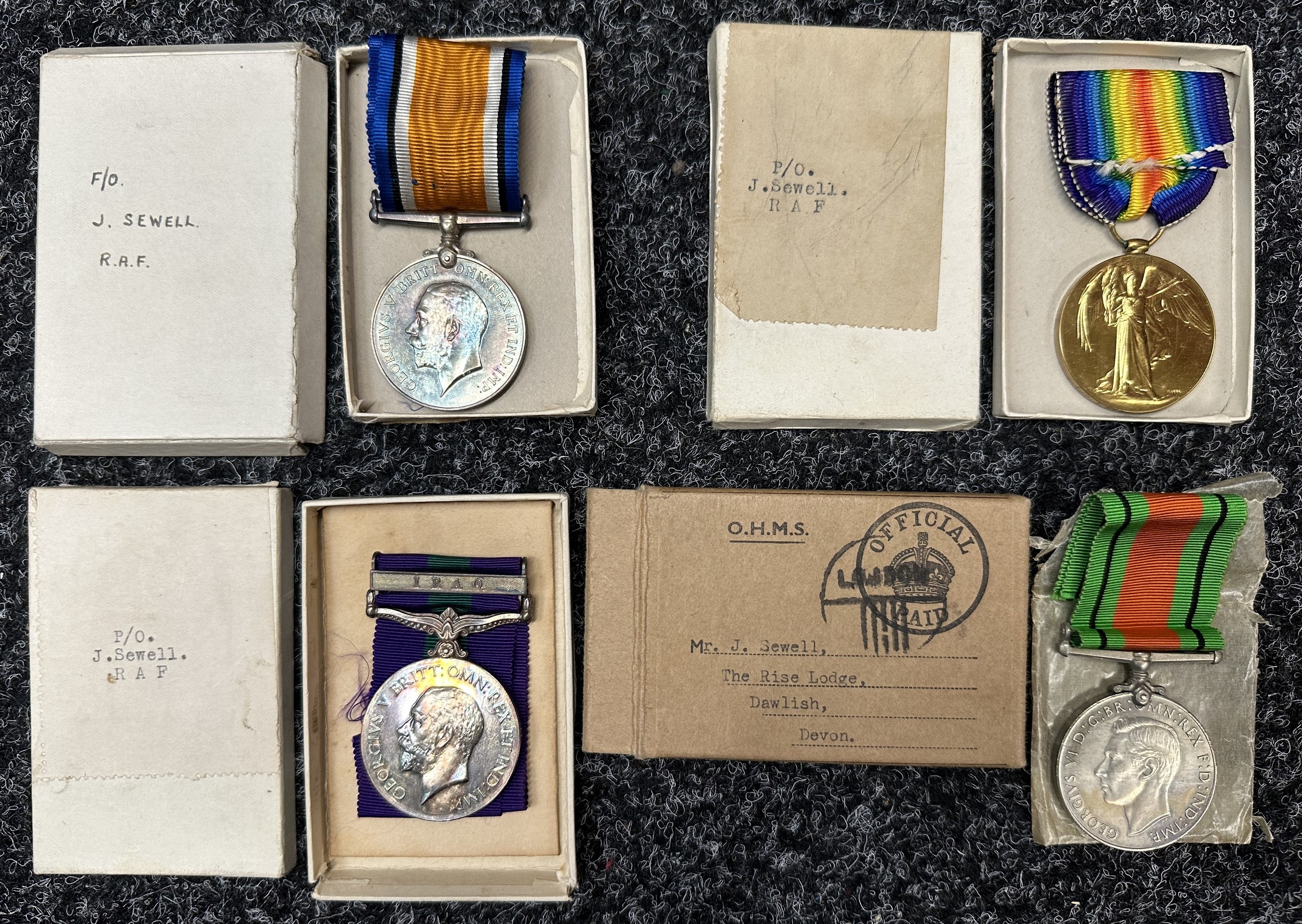 WW1 & WW2 British Medal group to Pilot Officer J. Sewell, Royal Air Force comprising of War Medal, Victory Medal, GRV General Service Medal with Iraq Clasp and WW2 Defence Medal. All complete with original ribbons and all in boxes of issue.
