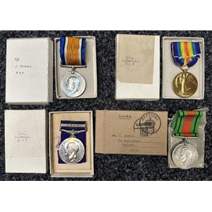 WW1 & WW2 British Medal group to Pilot Officer J. Sewell, Royal Air Force comprising of War Medal, Victory Medal, GRV General Service Medal with Iraq Clasp and WW2 Defence Medal. All complete with original ribbons and all in boxes of issue.