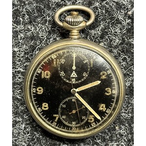 WW2 Third Reich Kriegsmarine Minvera 19/CH9 Chronograph Pocket Watch. Black dial with Luminous Arabic Numerals. Seconds hand with additional separate dials for seconds and 30 minute register. Chrome plated steel case. Reverse is engraved with Eagle M Navy mark along with "Artl. 5980". Runs and ticks, would recommend a clean and service.