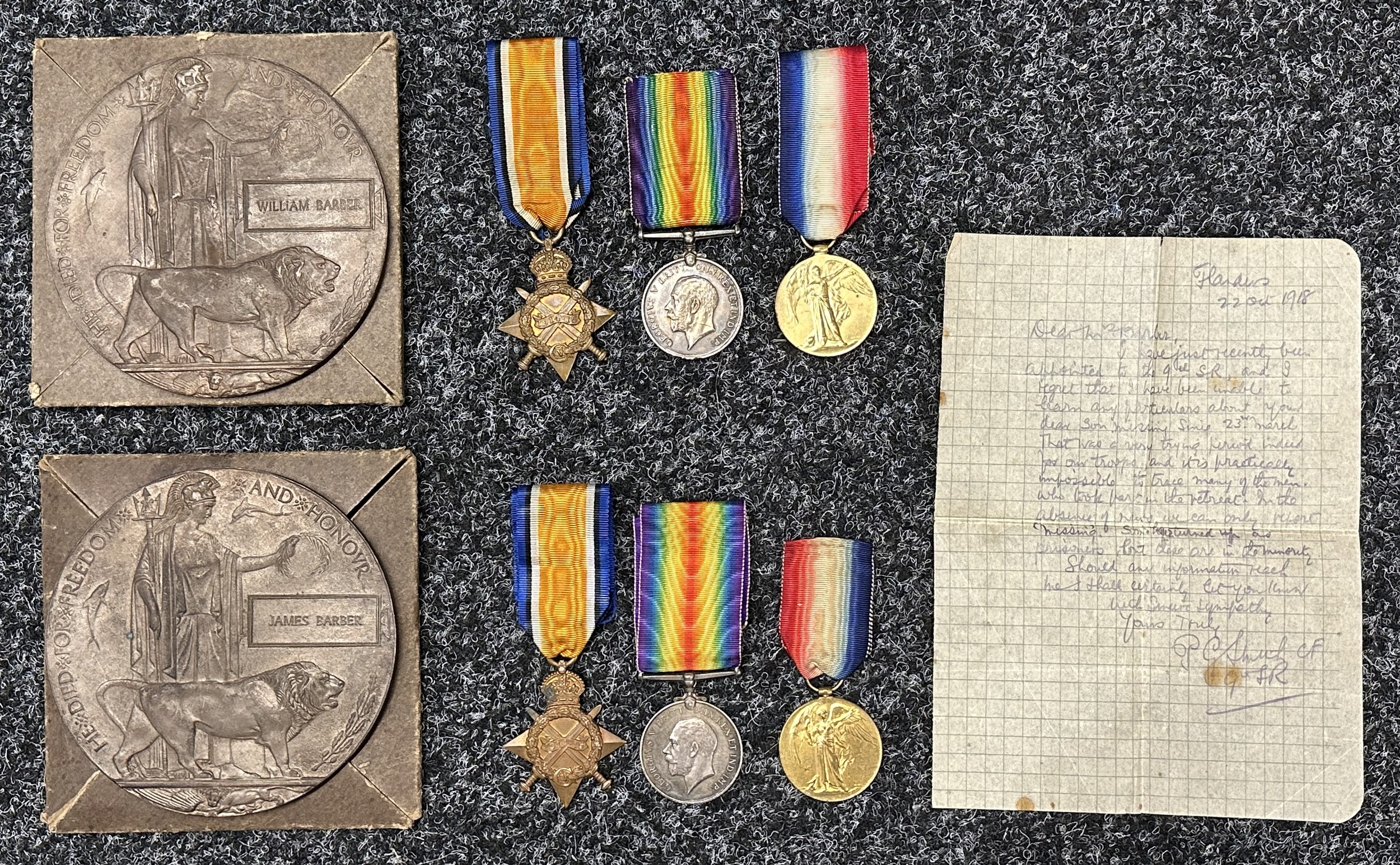 WW1 British Brothers KIA Medal group comprising of Death Plaque in cardboard case of issue, 1914-15 Star, War Medal and Victory medal all complete with original ribbons to G-16611 Private William Barber, 8th Battalion, London Regt, Royal Fusiliers. Along with his brothers Death Plaque in cardboard case of issue, 1914-15 Star, War Medal and Victory medal all complete with original ribbons to 19708 Private James Barber, 9th Battalion, The Cameronians (Scottish Rifles). Also included is a hand wriiten letter from his CO regarding him being Missing in Action since 23rd March 1918 and dated 22nd Oct 1918. Both brothers were born locally in Borrowash, Derby. New to the market.