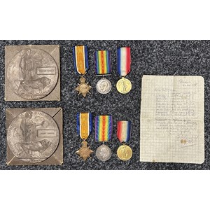 WW1 British Brothers KIA Medal group comprising of Death Plaque in cardboard case of issue, 1914-15 Star, War Medal and Victory medal all complete with original ribbons to G-16611 Private William Barber, 8th Battalion, London Regt, Royal Fusiliers. Along with his brothers Death Plaque in cardboard case of issue, 1914-15 Star, War Medal and Victory medal all complete with original ribbons to 19708 Private James Barber, 9th Battalion, The Cameronians (Scottish Rifles). Also included is a hand wriiten letter from his CO regarding him being Missing in Action since 23rd March 1918 and dated 22nd Oct 1918. Both brothers were born locally in Borrowash, Derby. New to the market.