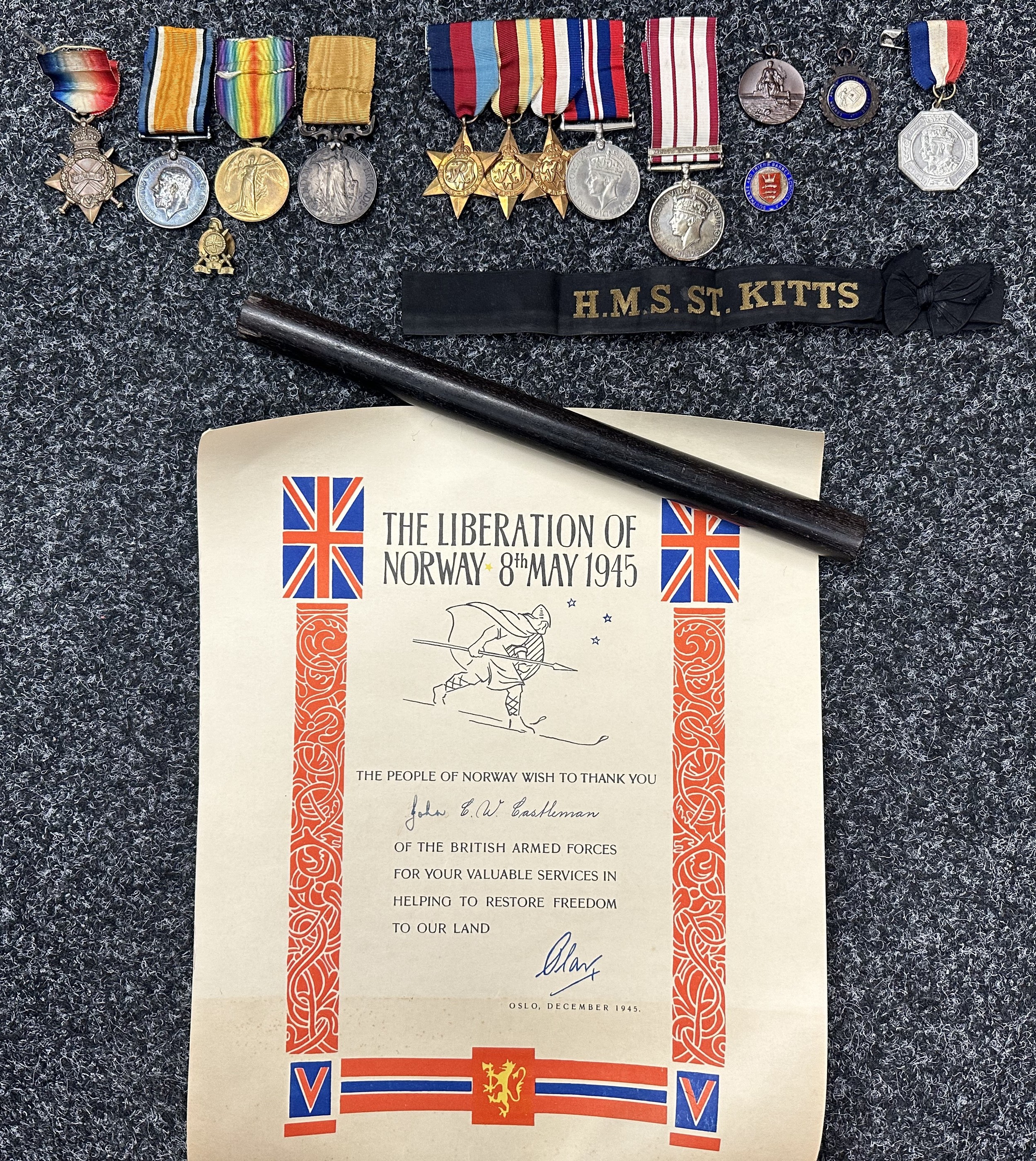WW1 British 1914-15 Star, War Medal and Victory Medal along with London Fire Brigade Good Service Medal to 1777 Acting WO 2 JH Castleman 6th London Rifles. All complete with original ribbons. Along with his Son's WW2 Royal Navy Medal group comprising of 1939-45 Star, Africa Star, France & Germany Star, War Medal, Naval General Service Medal with Minesweeping 1945-51 Clasp, Norwegian Liberation Scroll, HMS St. Kitts cap tally, sports badges etc to C/SSX. 35819 John CW Castleman, Leading Seaman Royal Navy.
