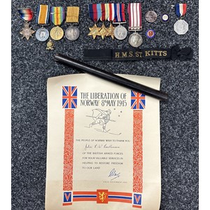 WW1 British 1914-15 Star, War Medal and Victory Medal along with London Fire Brigade Good Service Medal to 1777 Acting WO 2 JH Castleman 6th London Rifles. All complete with original ribbons. Along with his Son's WW2 Royal Navy Medal group comprising of 1939-45 Star, Africa Star, France & Germany Star, War Medal, Naval General Service Medal with Minesweeping 1945-51 Clasp, Norwegian Liberation Scroll, HMS St. Kitts cap tally, sports badges etc to C/SSX. 35819 John CW Castleman, Leading Seaman Royal Navy.
