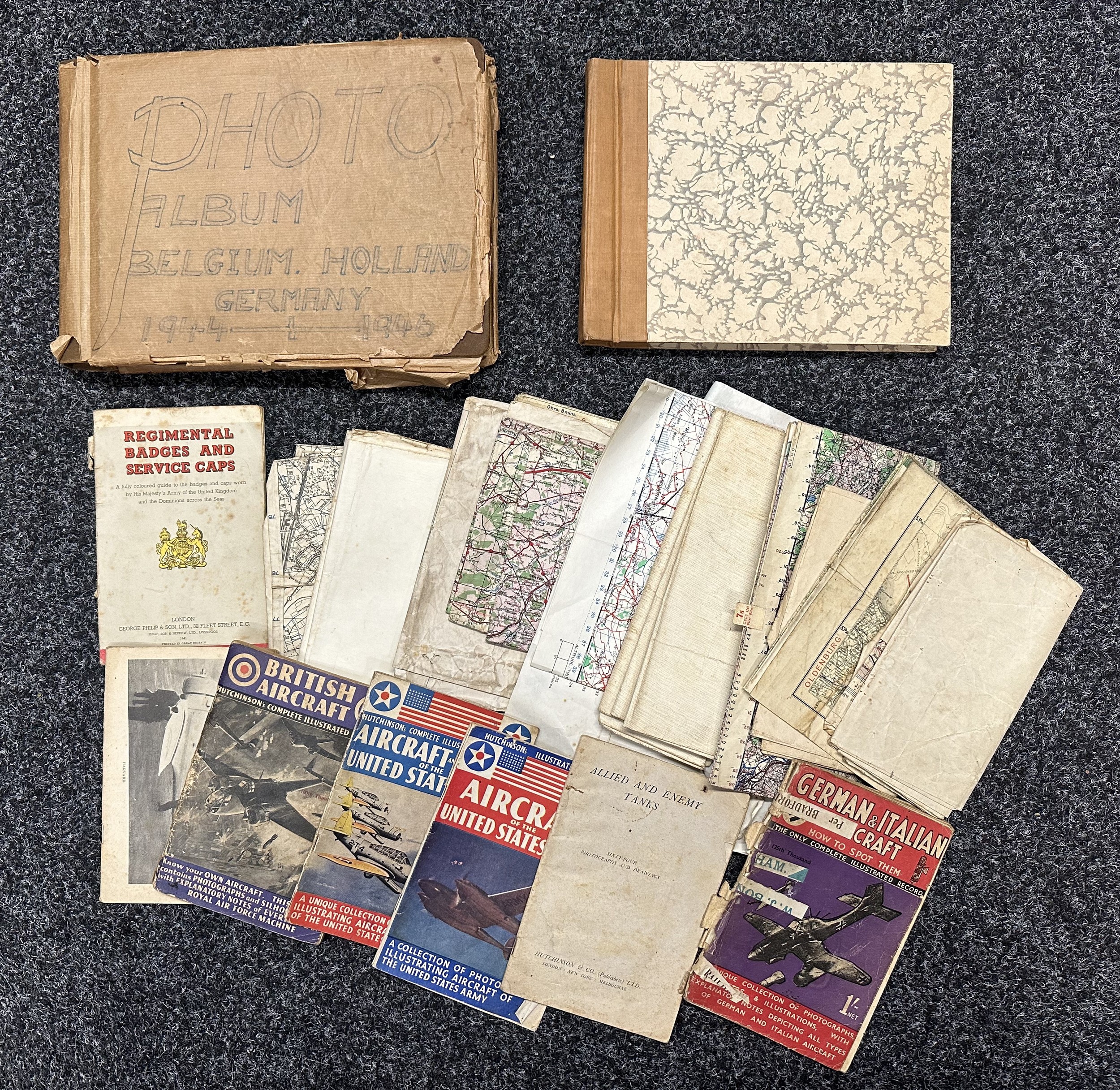 WW2 British 7th Armoured Division Photo Album 1945 plus various maps. Good content with good photos of tanks and vehicles and all photos have captions. Scenes in Berlin 1945 etc. Along with a captured German Soldiers Photo Album of service in Norway 1943/44.