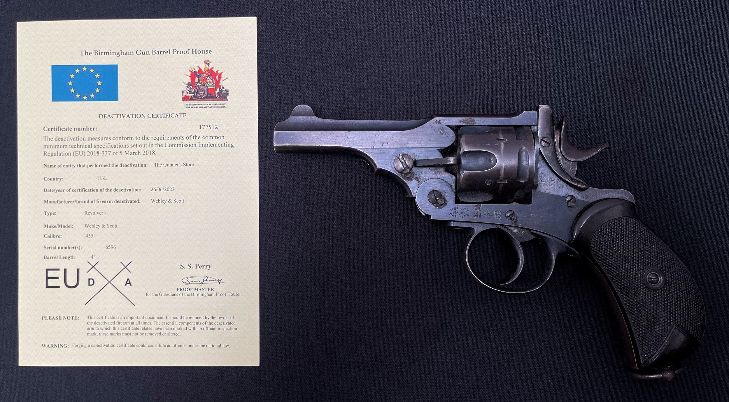 Deactivated Webley & Scott MKI Revolver .455 cal serial no 6596 with 100mm long barrel. Overall length 230mm. Trigger will oull and cyclinder revolve. Hammer can be moved but will not hold at cock. Frame will open and ejector move. Current EU/UK Deactivation Certificate dated June 2023. No licence required in the UK.
