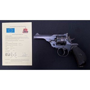 Deactivated Webley & Scott MKI Revolver .455 cal serial no 6596 with 100mm long barrel. Overall length 230mm. Trigger will oull and cyclinder revolve. Hammer can be moved but will not hold at cock. Frame will open and ejector move. Current EU/UK Deactivation Certificate dated June 2023. No licence required in the UK.