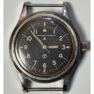 British RAF Pilots/ Navigators 6B/346 Wristwatch by International Watch Co with black dial with Arabic numerals and WD Broad Arrow, no strap. Reverse of case marked with WD Broad Arrow plus 6B/346 along with 660/50. The watch runs and ticks would recommend a clean and service.