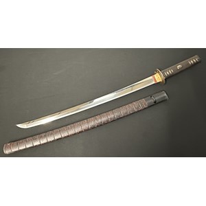 Japanese Sword with single edge blade 562mm in length. Good Hamon line. Tang in unsigned. Fish Menuki to grip. Overall length 742mm. Complete with a red & black lacquered Saya.