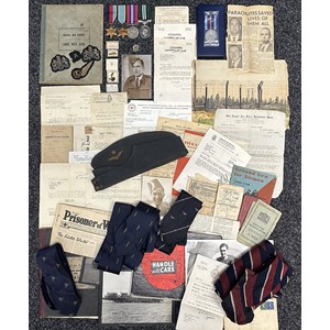 WW2 British RAF Caterpillar Club PoW Medal Group to 810100 Sgt. Stephen Biggs RAFVR, Flight Engineer 103 Squadron RAF comprising of : 1939-45 Star, Air Crew Europe Star, War Medal and Air Efficiency Award all mounted on a bar, together with Medal Award Slip, named Caterpillar Club Membership badge in box of issue with award slip dated August 1943 and second letter from Irving dated 1945, AAF Lapel Badge, Silver RAF Sweetheart Ring Jerusalem Palestine, Flight Engineers Brevet, Warrant Officers Rank badges, WO's Field Service Cap dated 1944, Post War Unofficial Bomber Command Medal is box of issue, reprint photo of him in uniform, medal award correspondence, letters to his Mother from crew mates families, RAF Large Note book with technical notes, Caterpillar Club ties x 2, RAF PoW Association tie and other RAF ties, RR tie and lapel badges, RAF scarf, Water colour picture of PoW Camp, Book of PoW Cartoons, photos, etc.  https://www.northlincsweb.net/103Sqn/html/p-o_james_o_b_mooney_103_squadron.html