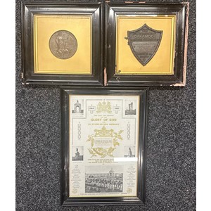 WW1 British Death Plaque to 39121 Pte Harold Cartledge, 4th Battalion North Staffordshire Regt, in original frame along with a framed Bronze Plaque "From the inhabitants of Oakamoor in grateful remembrance of Private Harold Cartledge Killed in Action at Ypres December 2nd 1917, Worthy of all Honour". Plus a framed Memorial Scroll "For King & Country to the Glory of God in Everlasting Memory" named to him. All frames of original. All new to the market. The bronze memorial plaque was produced by Thomas Bolton and Sons Ltd who owned the Oakamoor Wireworks to commemorate local men who fell in the Great War. (3)