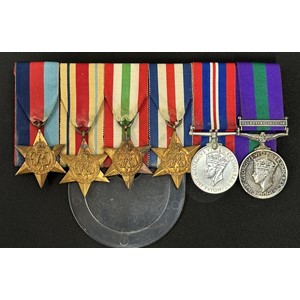 WW2 British Parachute Regiment Medal Group to Lance Corporal Fred Dix, Parachute Regt, Army Air Corps to include 1939-45 Star, Africa Star, Italy Star, France & Germany Star, War Medal and GR VI General Service Medal with Palestine Clasp 1945-48. All mounted on a bar which is named in ink on the reverse.