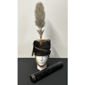 13th Hussars Officers Busby with White Bag and Feather Plume. Hussars pattern gilt chinstrap backed with tan leather. Complete with tin for the plume.