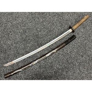Japanese Sword with 730mm long single edged blade, good Hamon line. Unsigned tang. Iron tsuba. Rayskin covered grip with a Fish Menuki. Overall length 975mm. Lacquered wood saya decorated with a silver Dragon.
