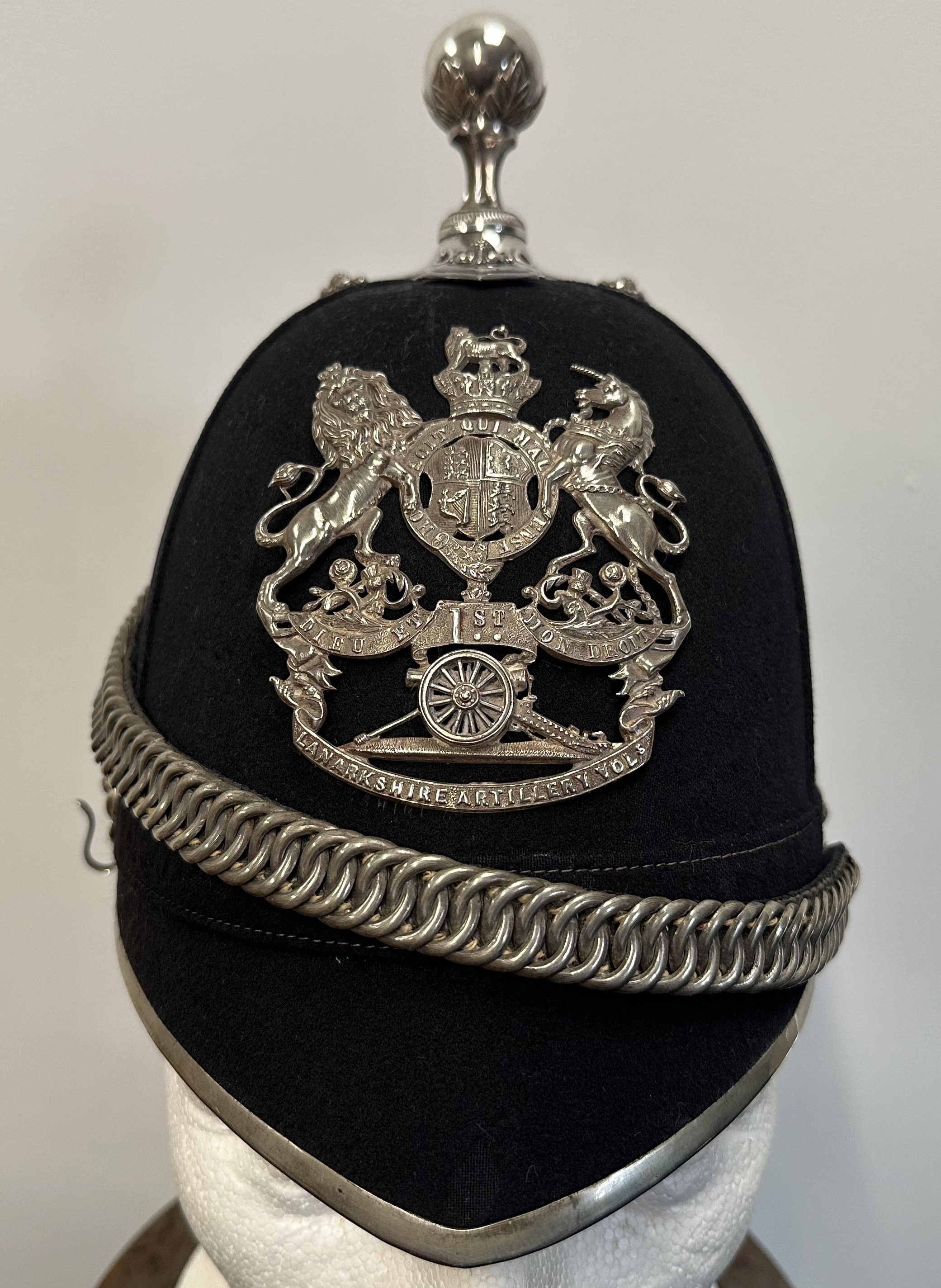 Victorian 1st Lanarkshire Artillery Volunteers Officers Blue Cloth Helmet. Silver fittings. Maker marked "Hobson & Sons, 1,3 & 5 Lexington St. Golden Square, London W".