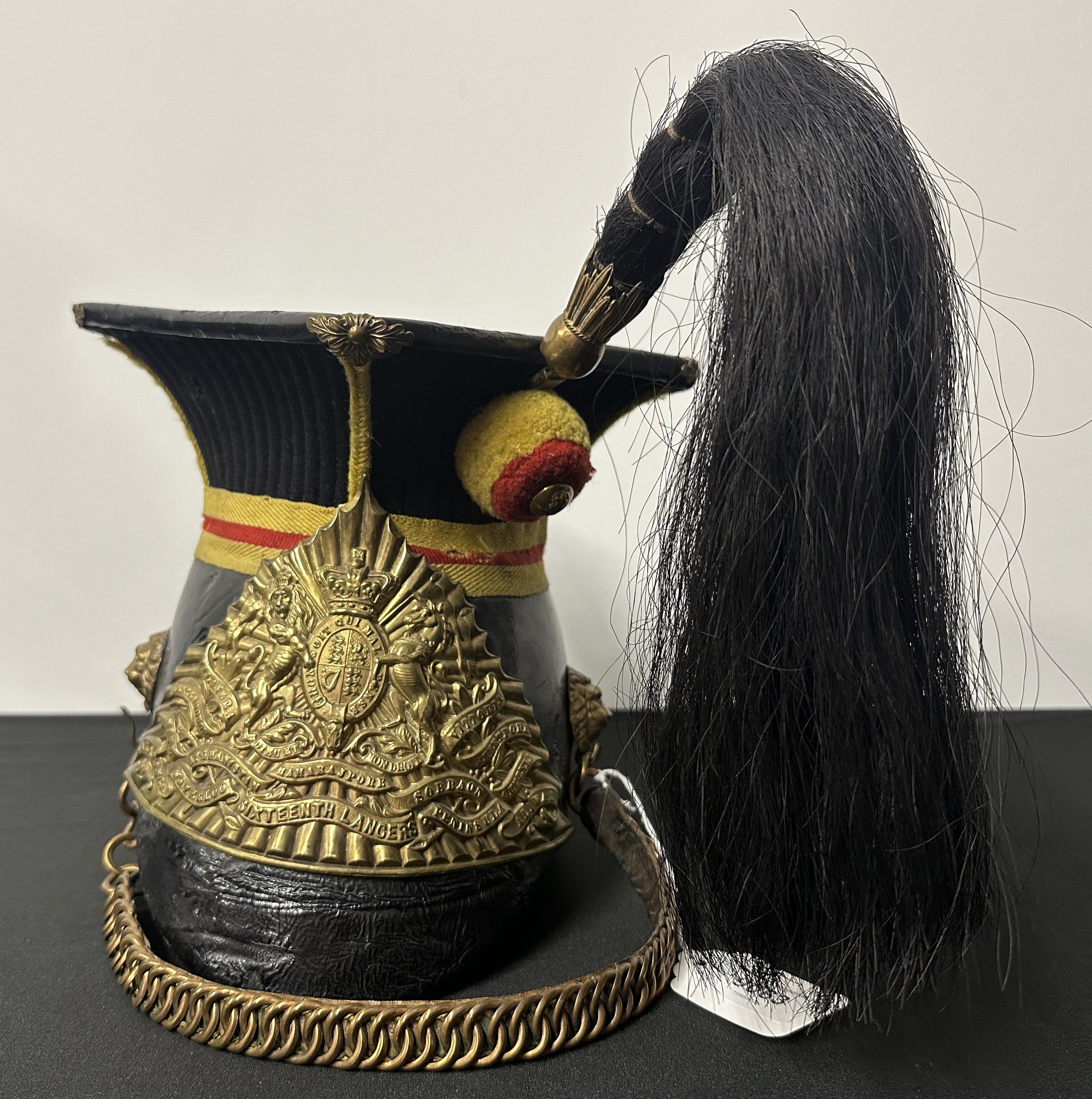 16th Lancers Other Ranks Lance Cap Czapka complete with Helmet Plate, Plumes and Cap Lines. Size 6 7/8ths. Dated 1914.