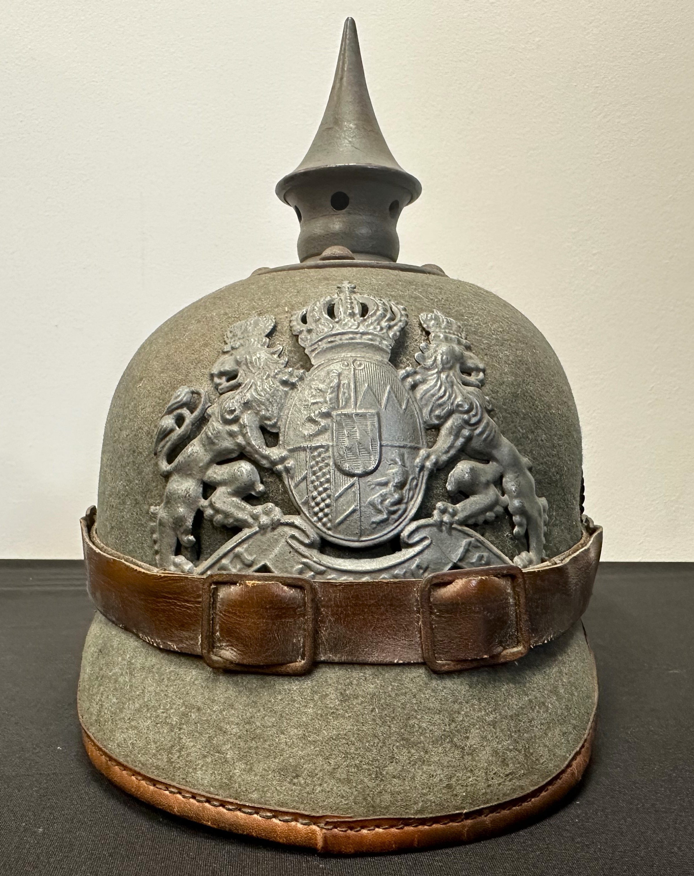 WW1 Imperial German Wurtemberg Ersatz Pickelhaube Helmet. Complete with all original fittings, including chinstrap, cockades, liner etc. Very faint ink stamp to rear peak.