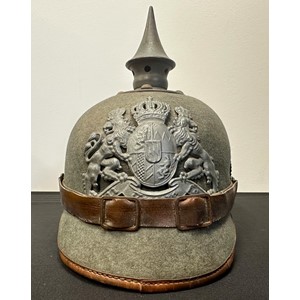 WW1 Imperial German Wurtemberg Ersatz Pickelhaube Helmet. Complete with all original fittings, including chinstrap, cockades, liner etc. Very faint ink stamp to rear peak.