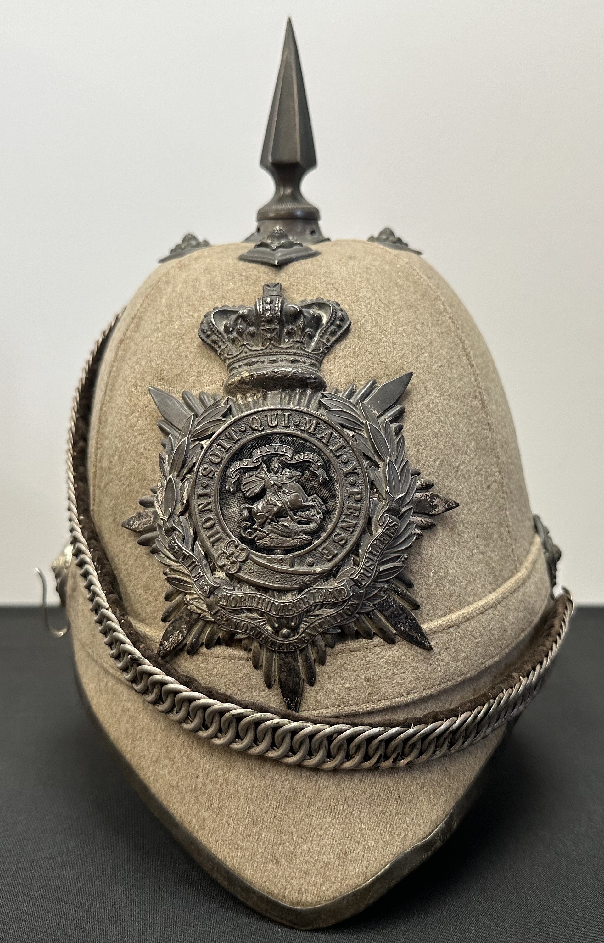 Victorian Officers Grey Cloth Helmet 1st Volunteer Battalion Northumberland Fusiliers. Marked to inside "Regulation Cork Helmet".