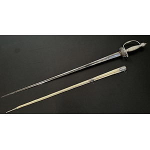Small Sword with incurved triangular section blade 780mm in length. No makers marks. Guards featuring Classical scenes. Silver marks to D guard. Wire bound grip. Ball pommel. Overall length 950mm. Complete with white leather scabbard a/f with silver mounts.