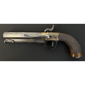 English Percussion Cap Belt Pistol with octagonal barrel 115mm in length. Bore approx. 13mm. Barrel is maker marked "WJ". English Proof marked. Working action which holds at full cocked position. Engraved brass lock. Butt has trap for spare percussion caps. Blank escutcheon plate. Folding ramrod. Overall length 235mm. NOTE: Section 58 (2) No licence required in the UK.